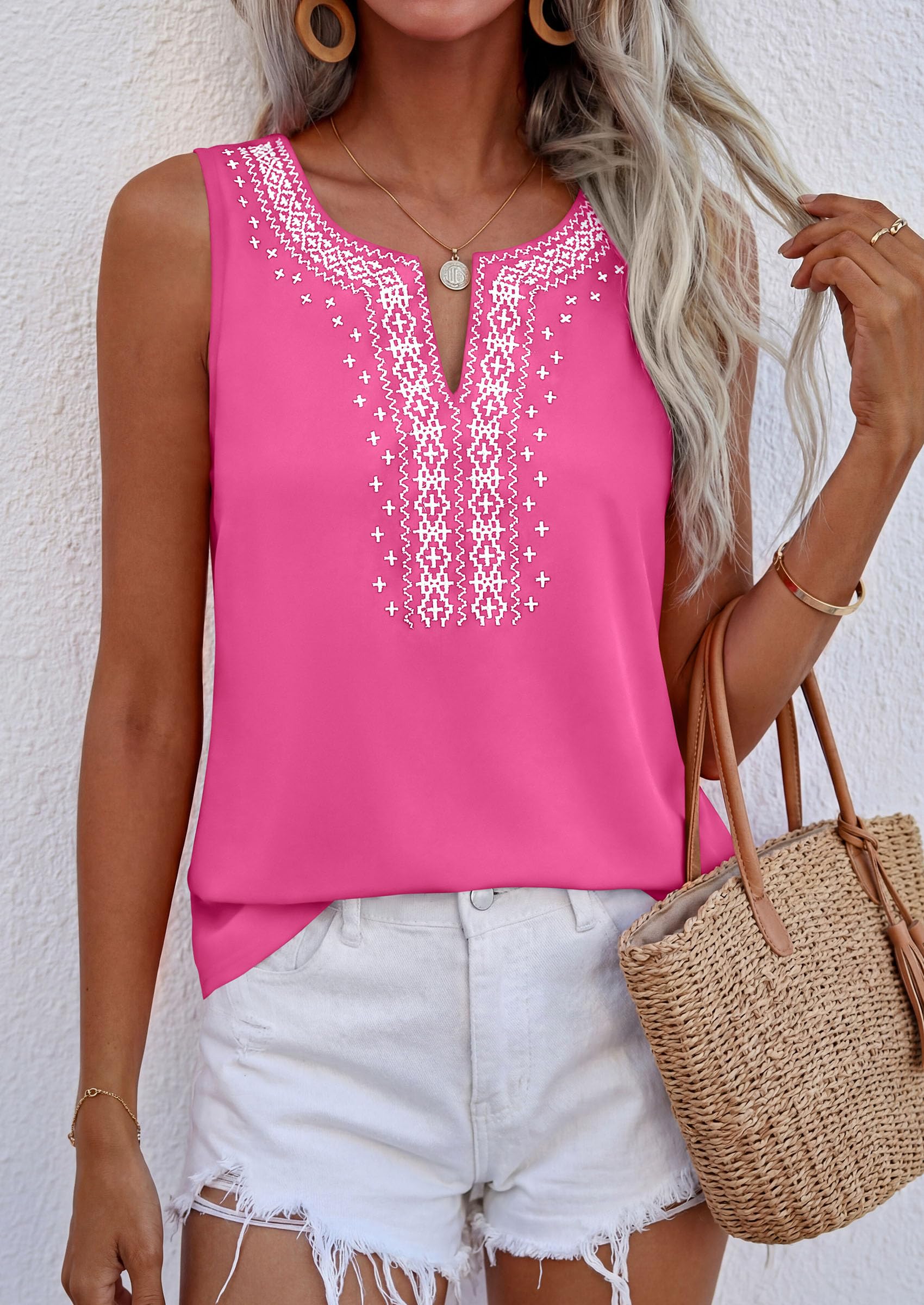 Womens Embroidered Sleeveless Tank Tops Rose Pink,S