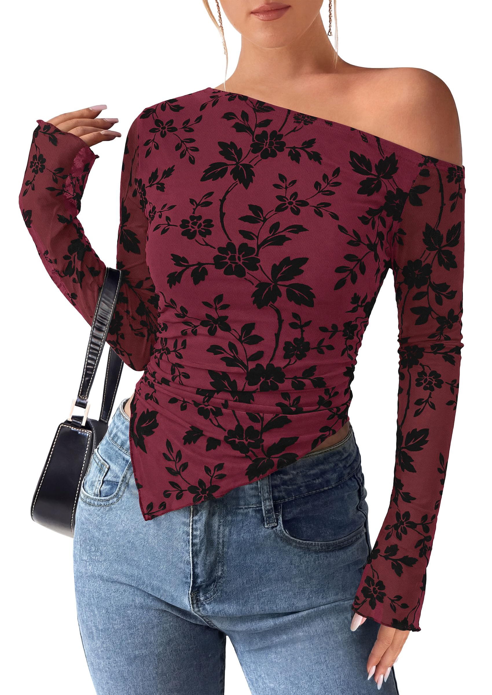 Womens Off Shoulder Mesh Y2k Tops,Wine Red,XS
