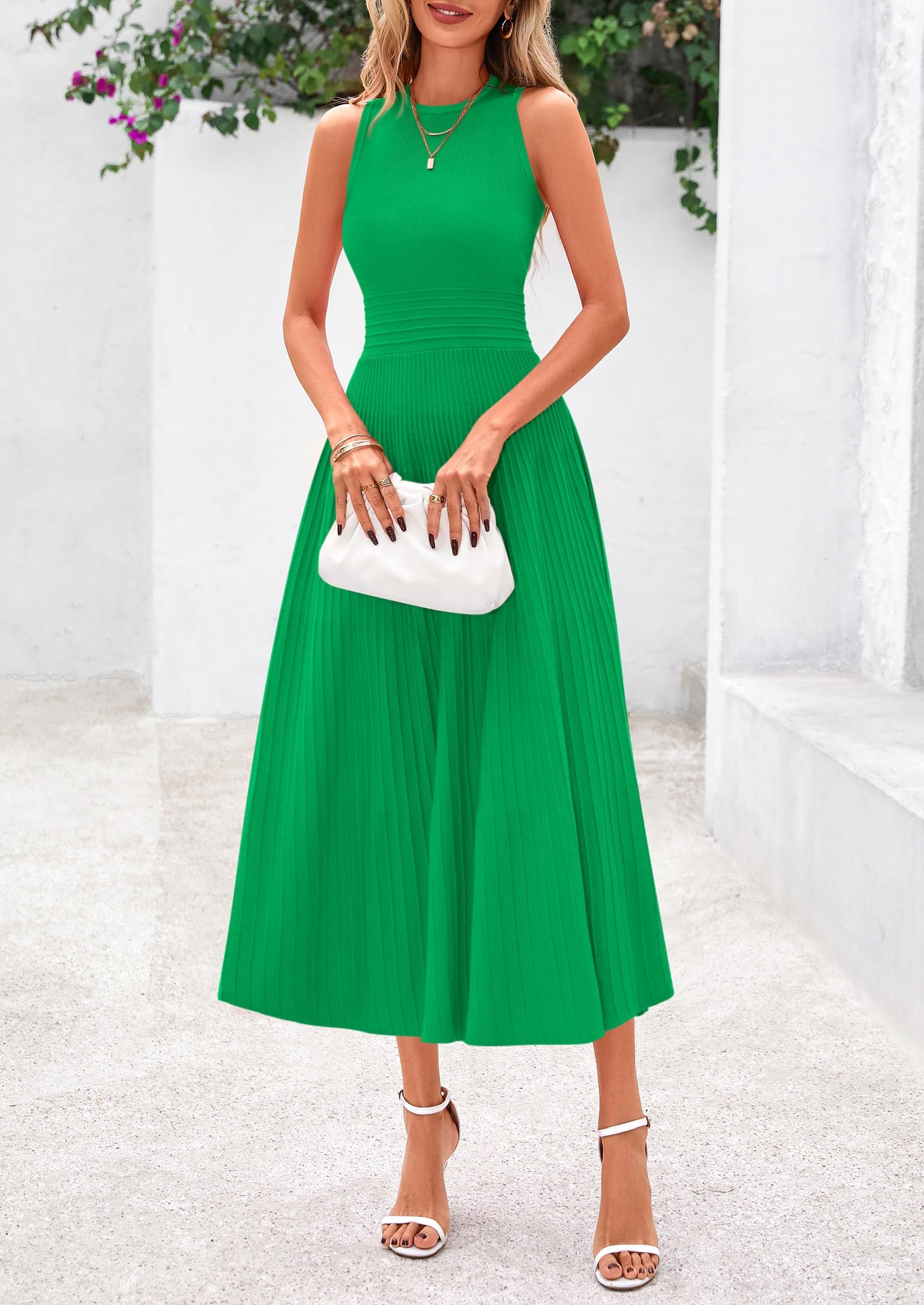 Women's Summer Pleated Midi Work Dress,Green,S