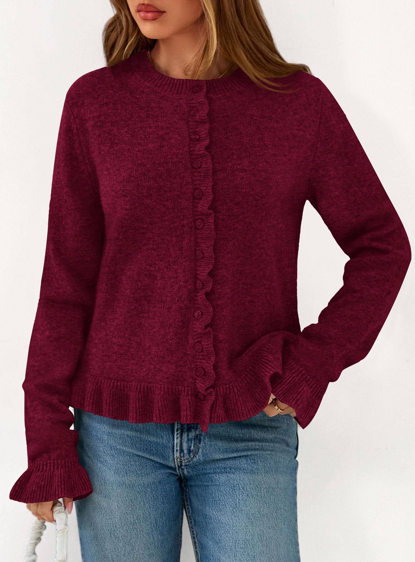 Womens Ruffle Button Down Cardigan Sweaters,Wine Red,S