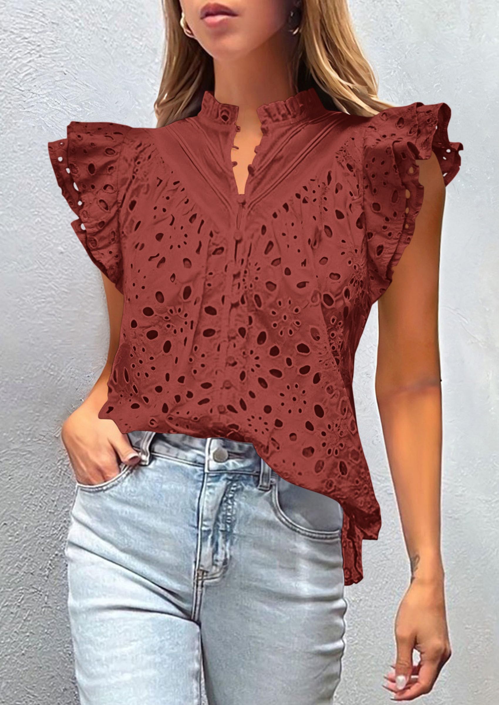 Women's Eyelet V Neck Summer Tops Dressy Casual Brown Red,L