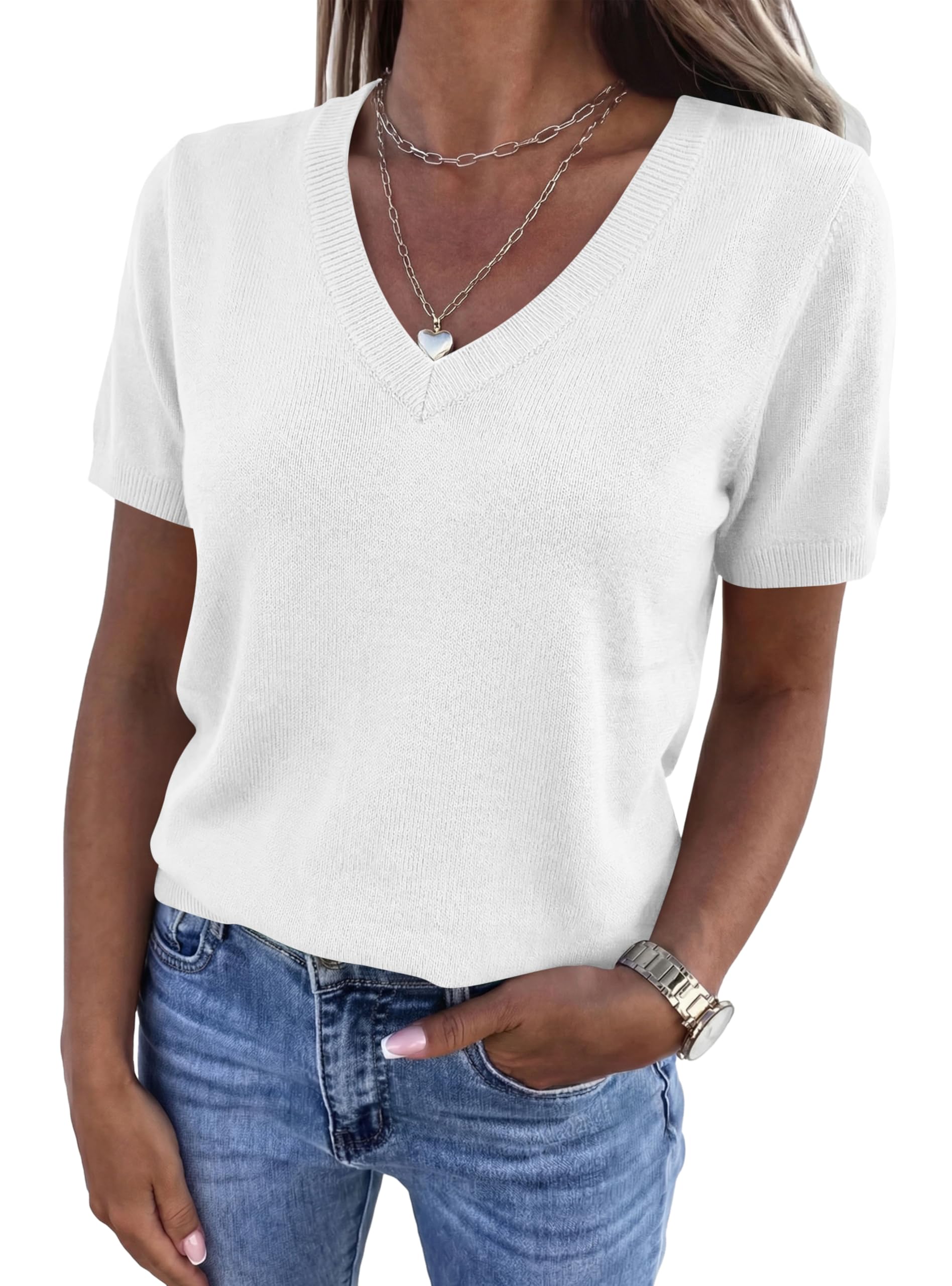 Womens Short Sleeve Sweater V Neck Tops,White,S