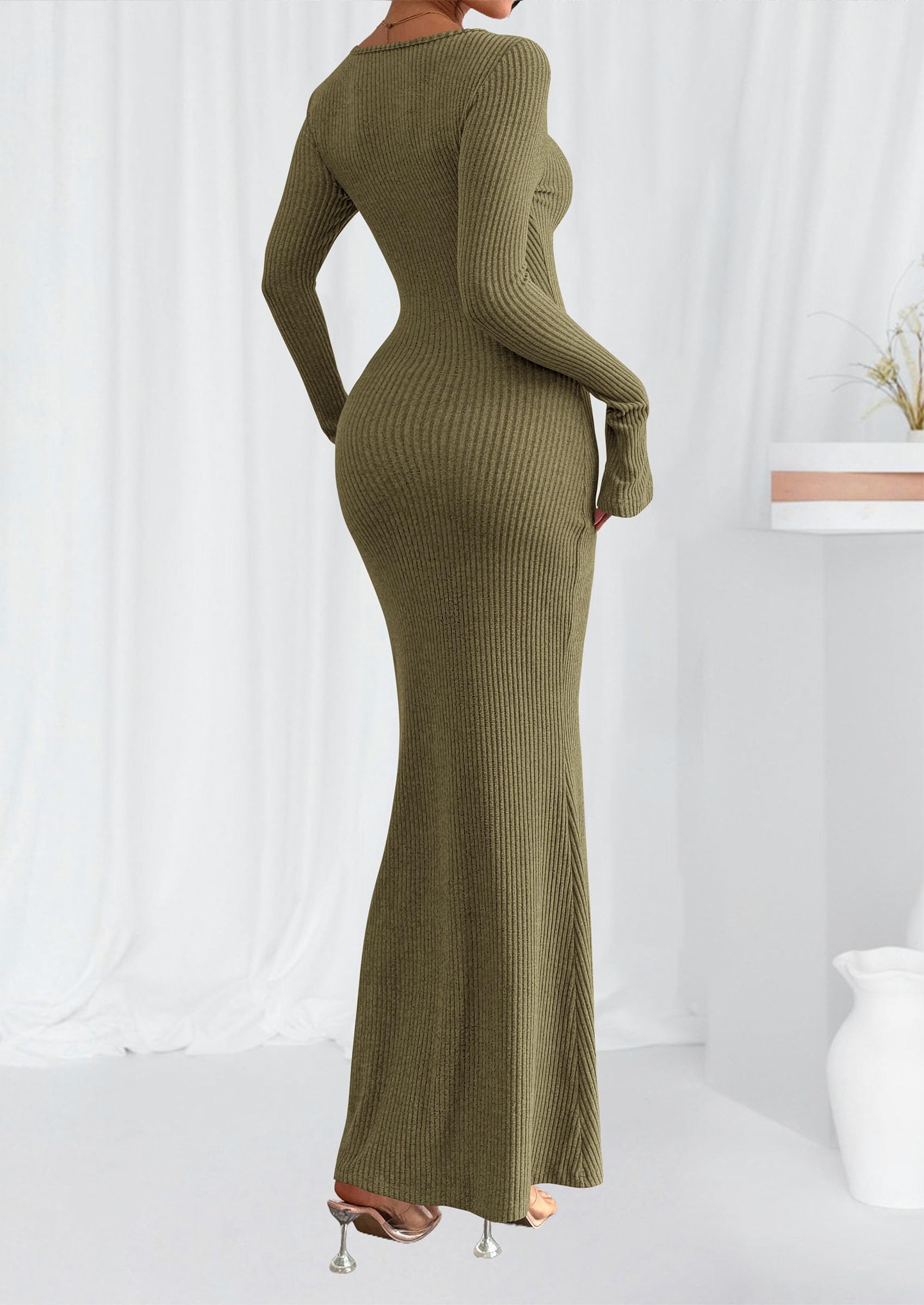 Women's Fall Long Sleeve Bodycon Maxi Dresses (Army Green,XS)