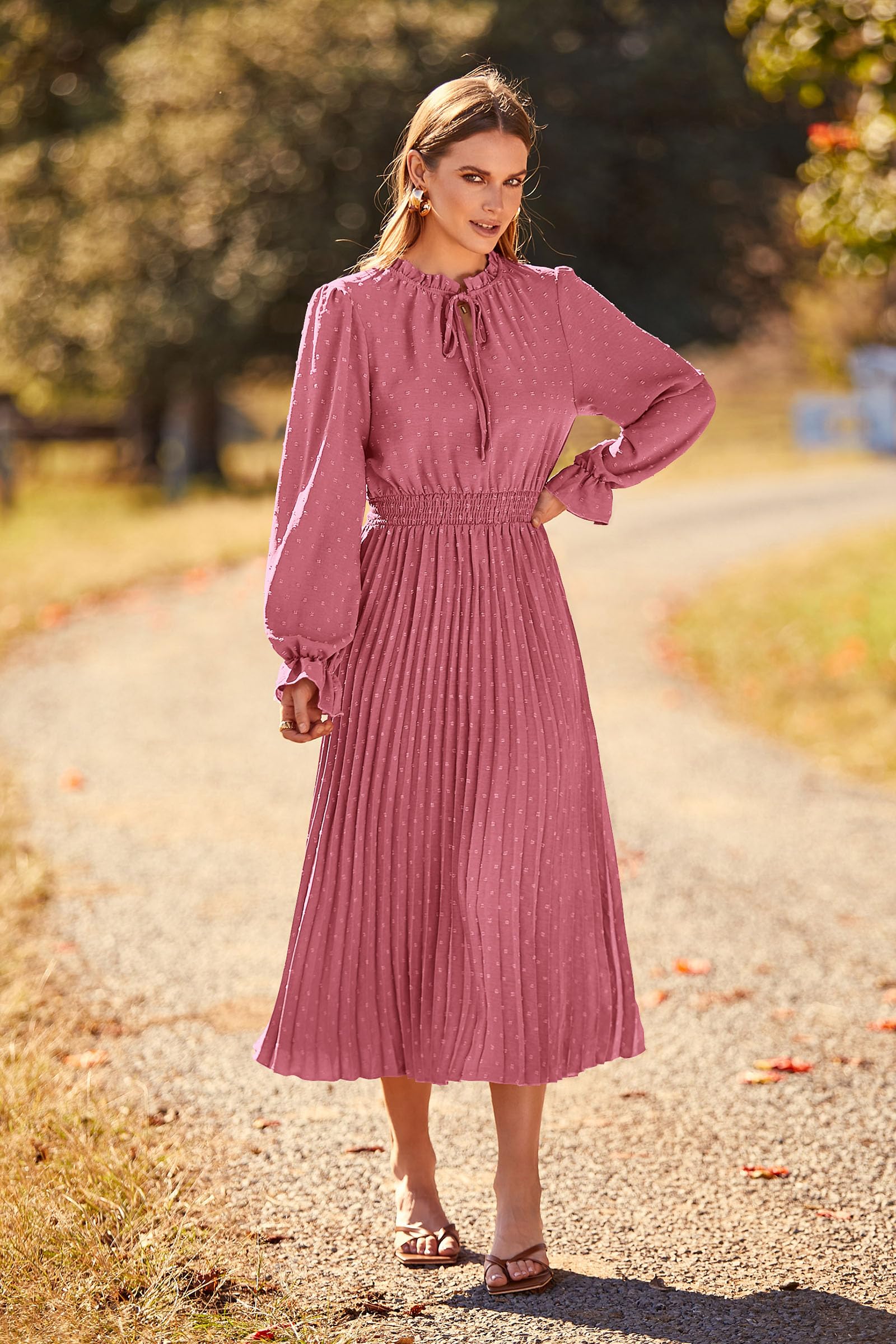 Midi Dress for Women Spring Fall 2025 Long Sleeve V Neck Pom Pom Swing A Line Long Dresses (Pink,Small)