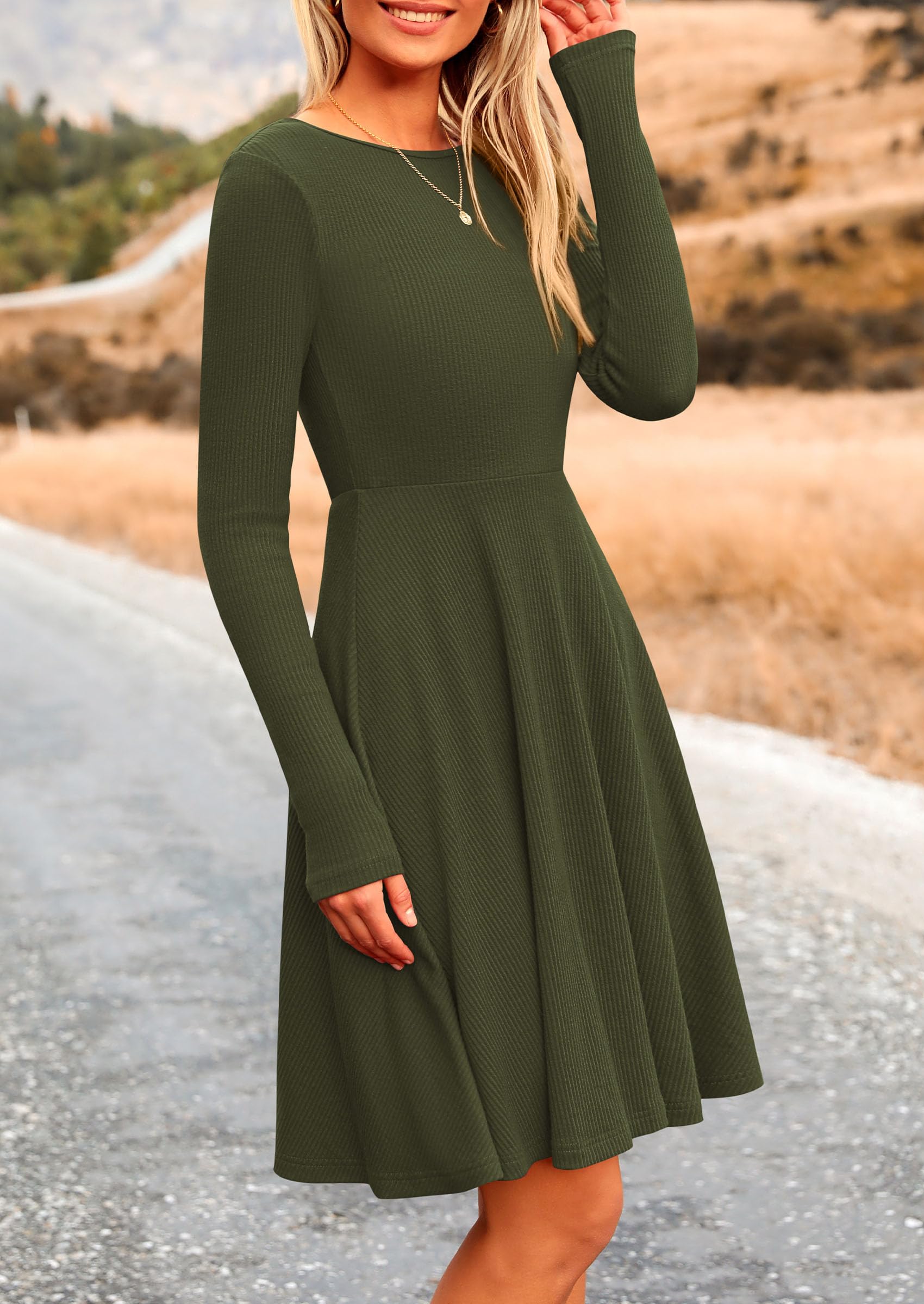 Women's Fall Casual Long Sleeve Short Dress (Army Green,S)