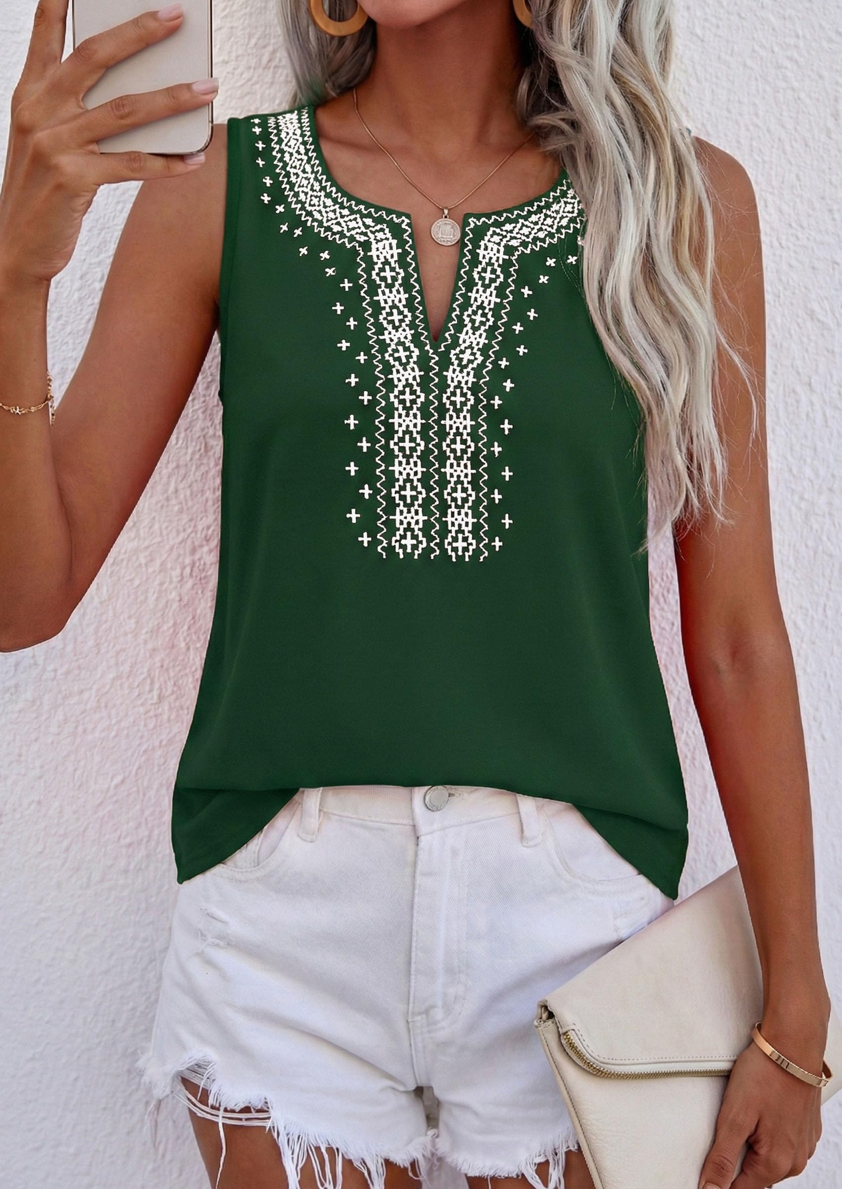 Womens Embroidered Sleeveless Tank Tops Dark Green,S