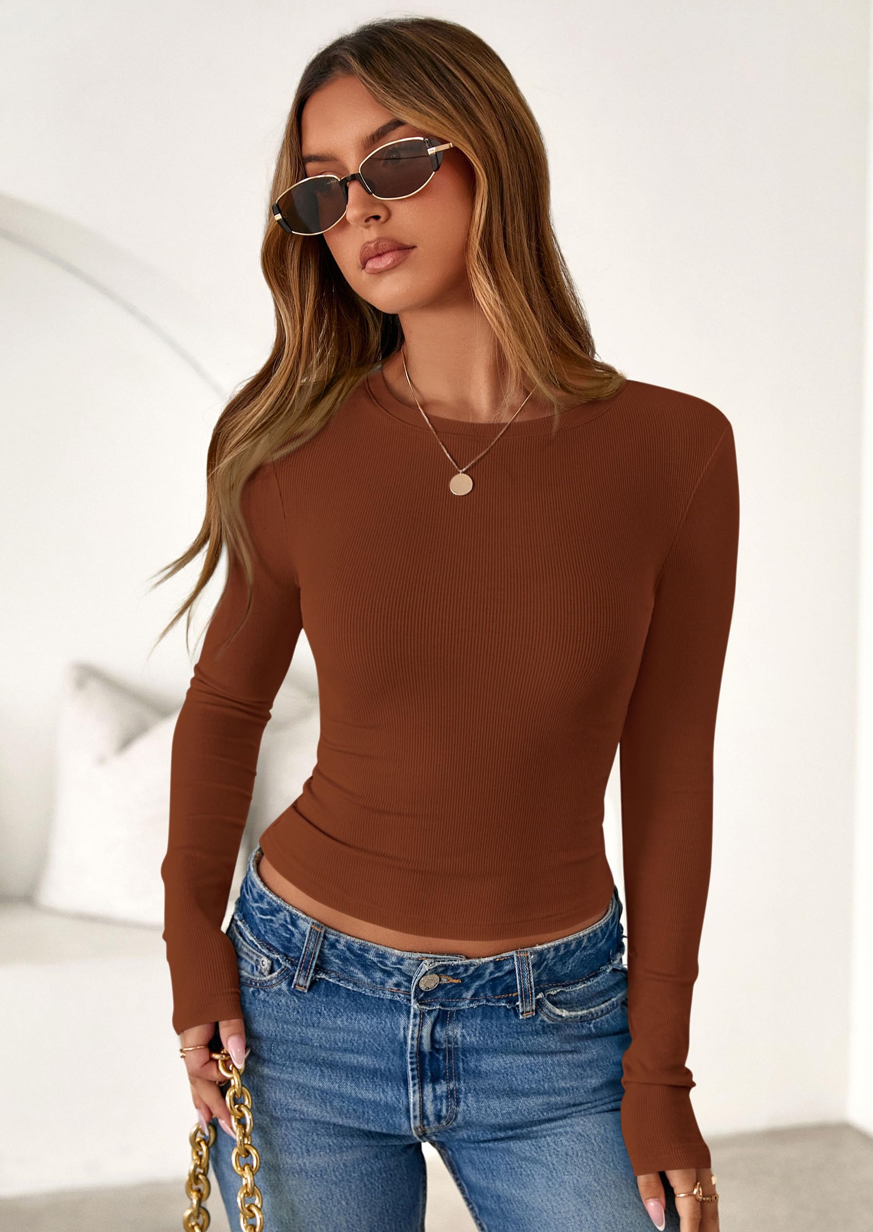 Women's Fall Long Sleeve Shirts Basic Tees (Caramel,XS)