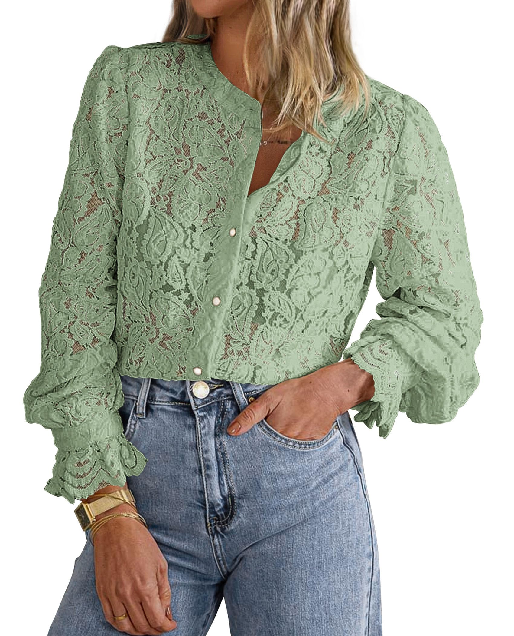Women's Fall Trendy Long Sleeve Lace Tops(Dusty Green,Small)