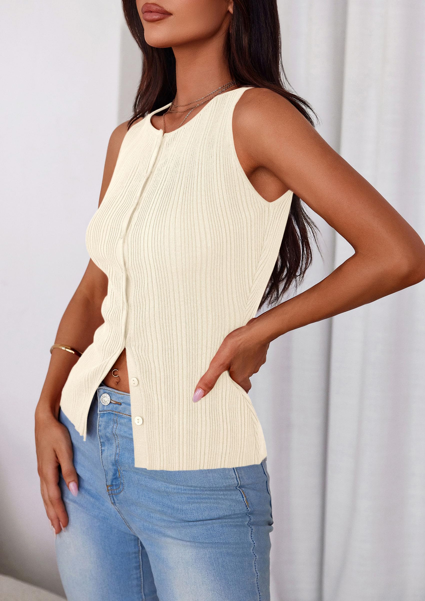 Sleeveless Button Down Shirts for Women Summer 2026 Going Out Ribbed Knit Tank Tops Y2K Clothes Trendy Vest Tops Apricot