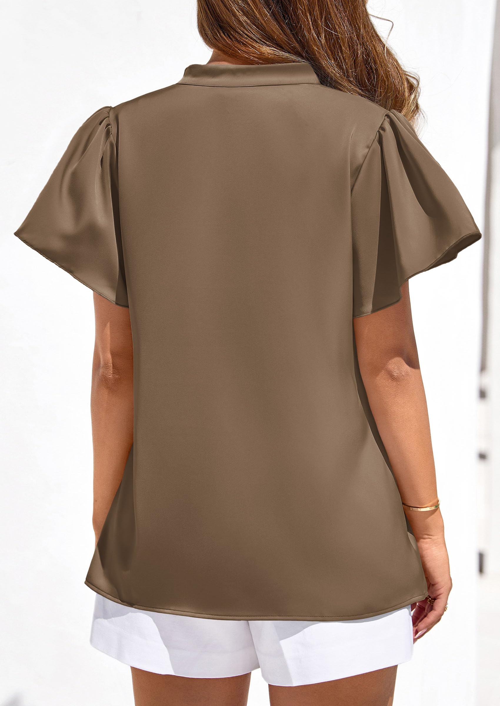 Women's Summer Satin Dressy Casual Blouses (Brown,S)