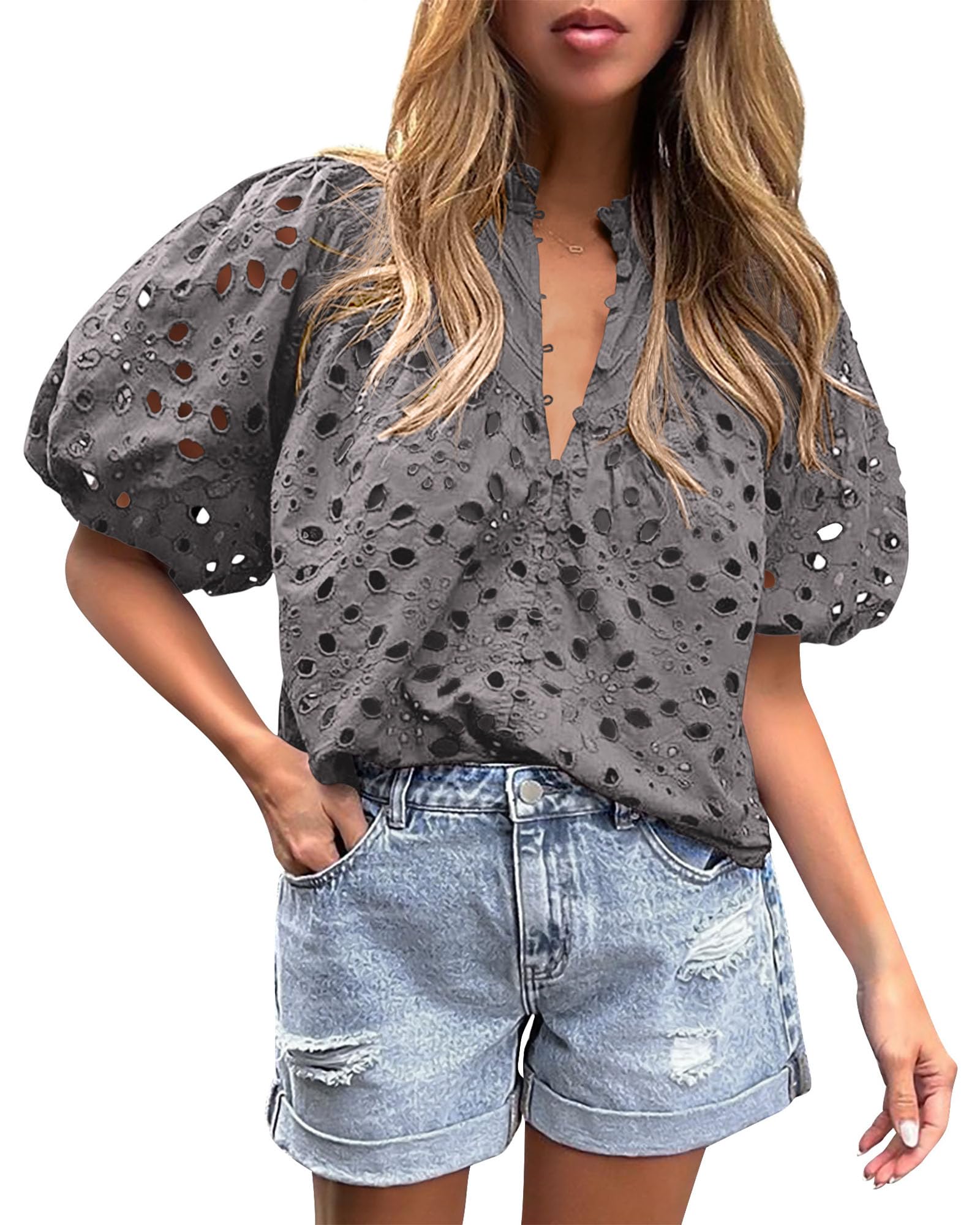 Womens Tops Boho Eyelet Puff Sleeve Blouse, Dark Grey,S