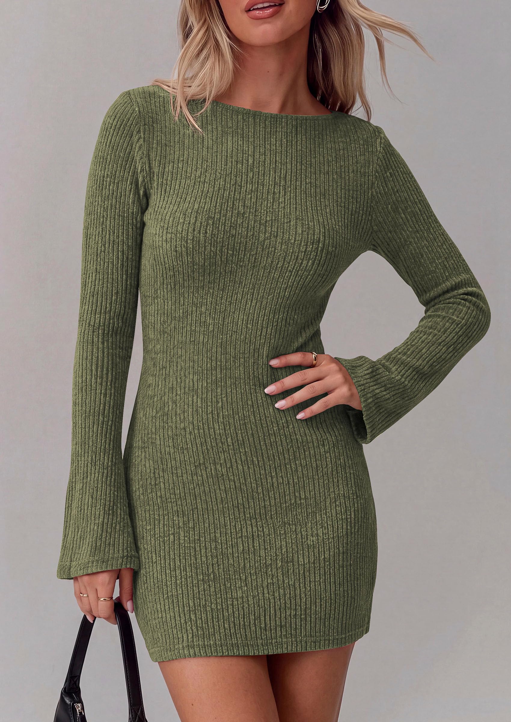 Womens Boat Neck Bell Long Sleeve Mini Sweater Dress