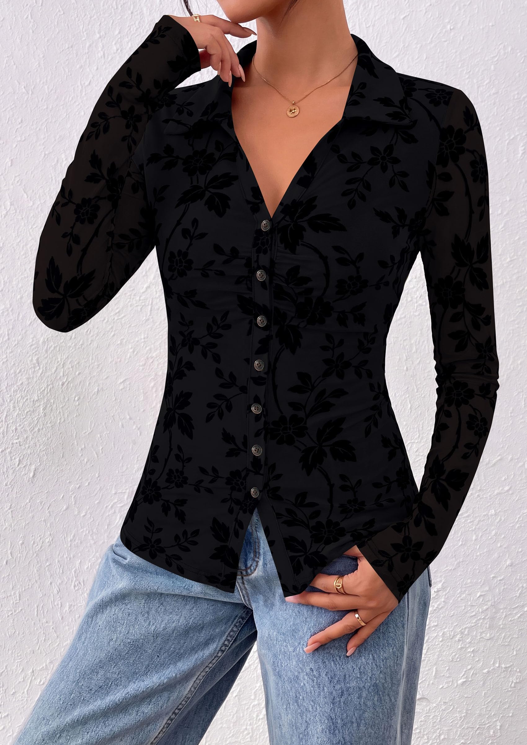 Women's Long Sleeve Floral Mesh Boho Tops Button Down Shirts