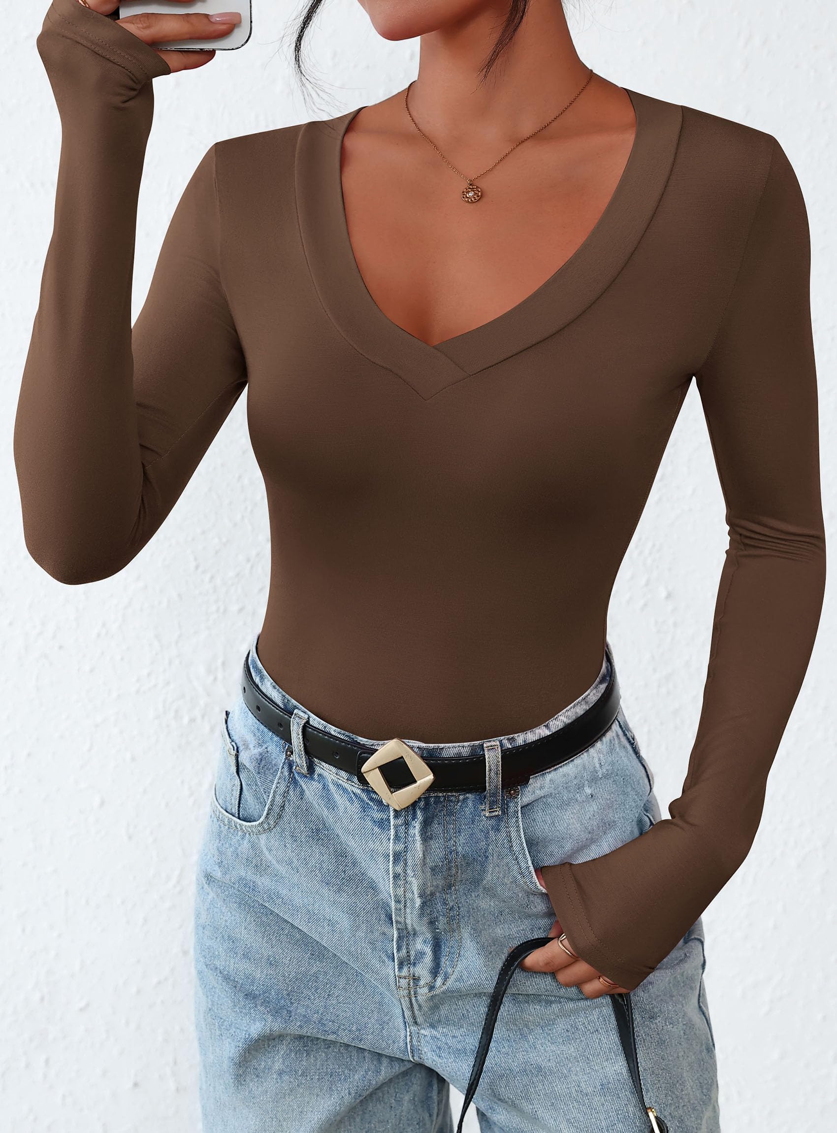 Women's V Neck Long Sleeve Shirts,Brown,X-S