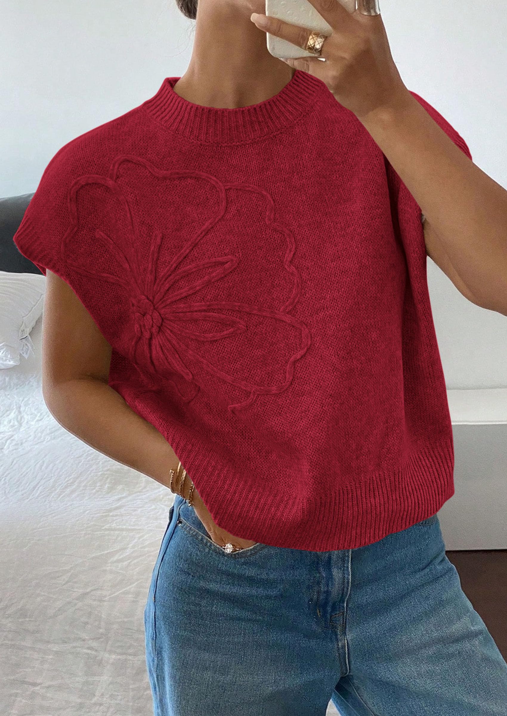 Women's Summer Short Cap Sleeve Sweater Vest (Red,S)