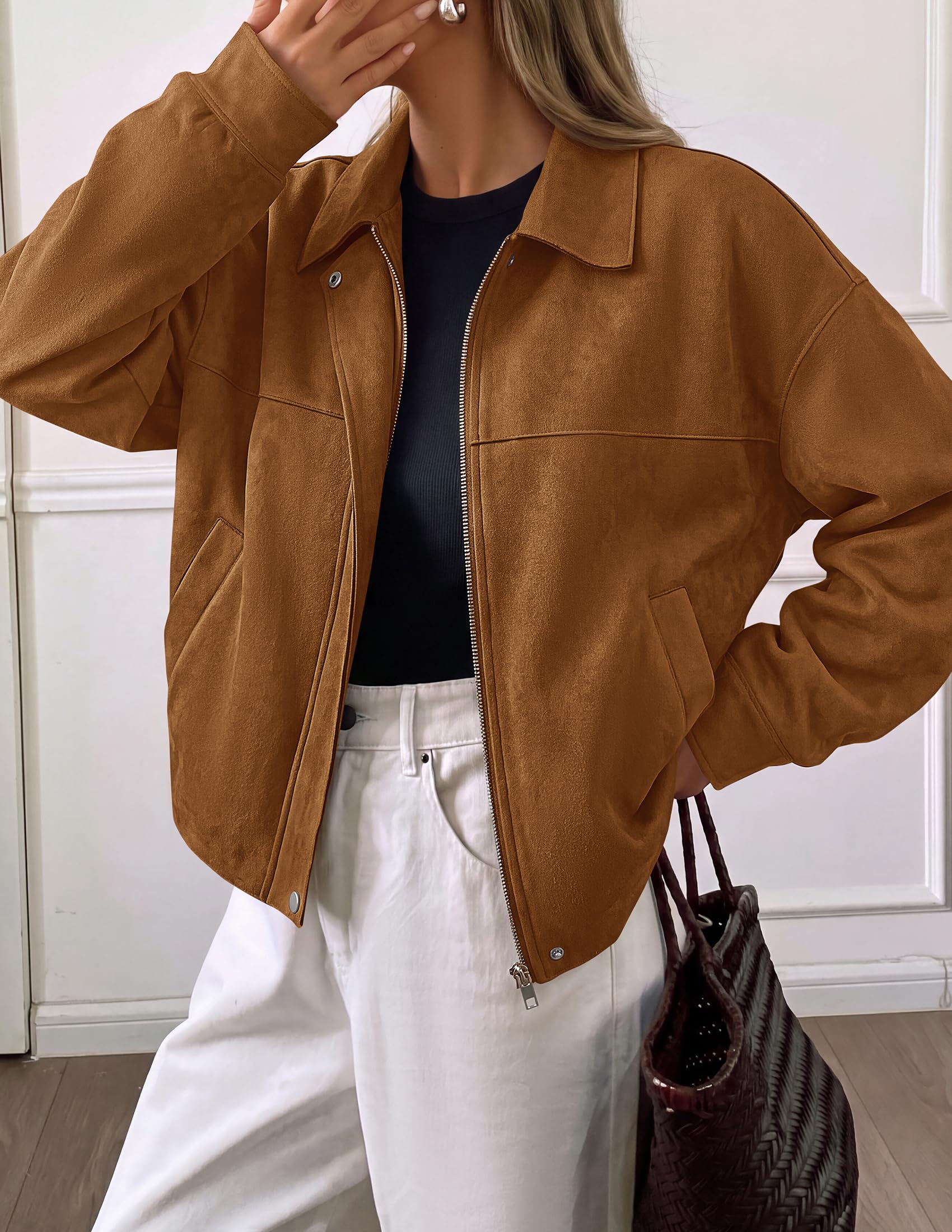 Women's Faux Suede Cropped Fall Jackets,Brown,S