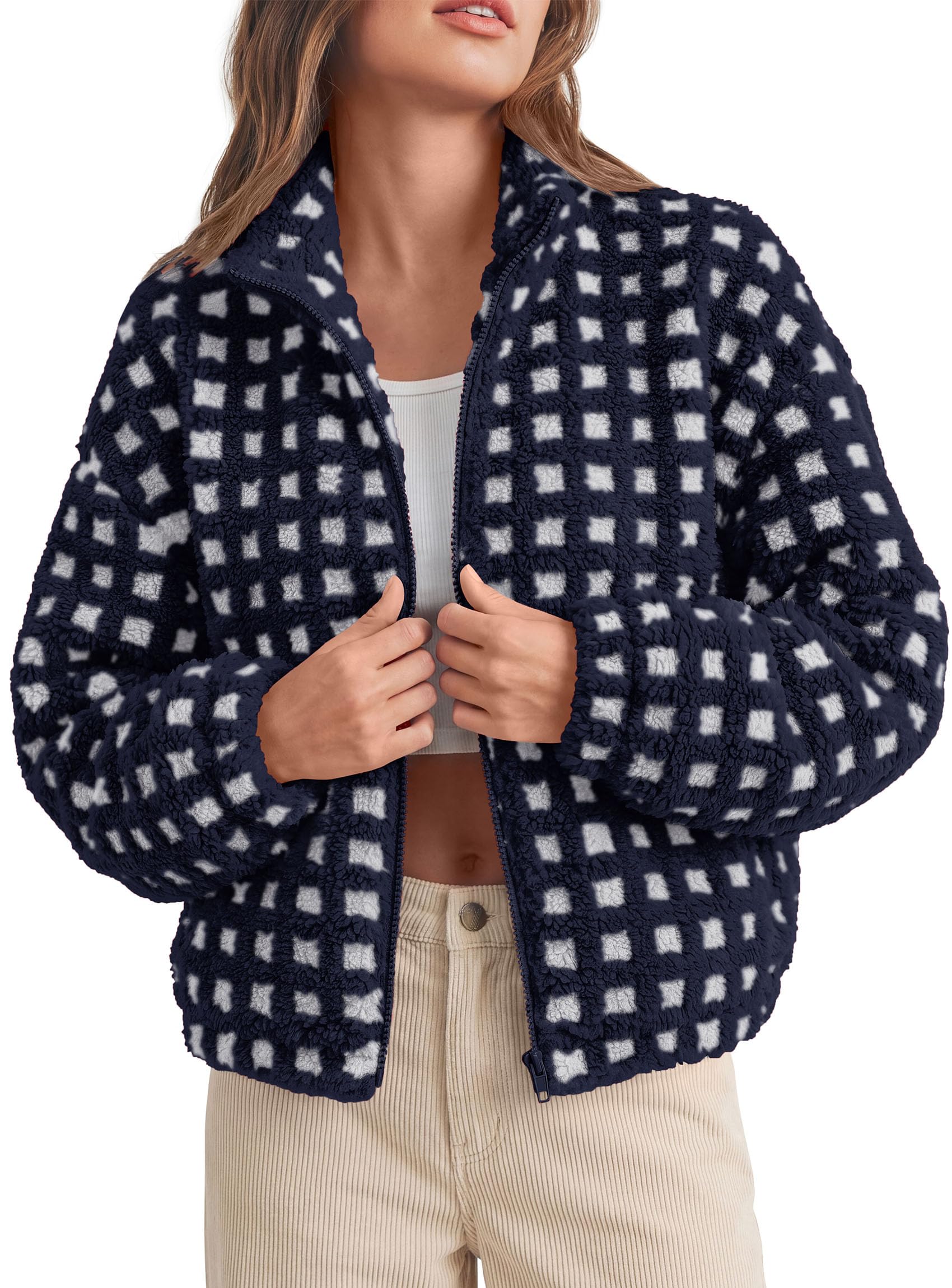 Women's Gingham Sherpa Fleece Jacket Plaid Cropped Teddy Coat