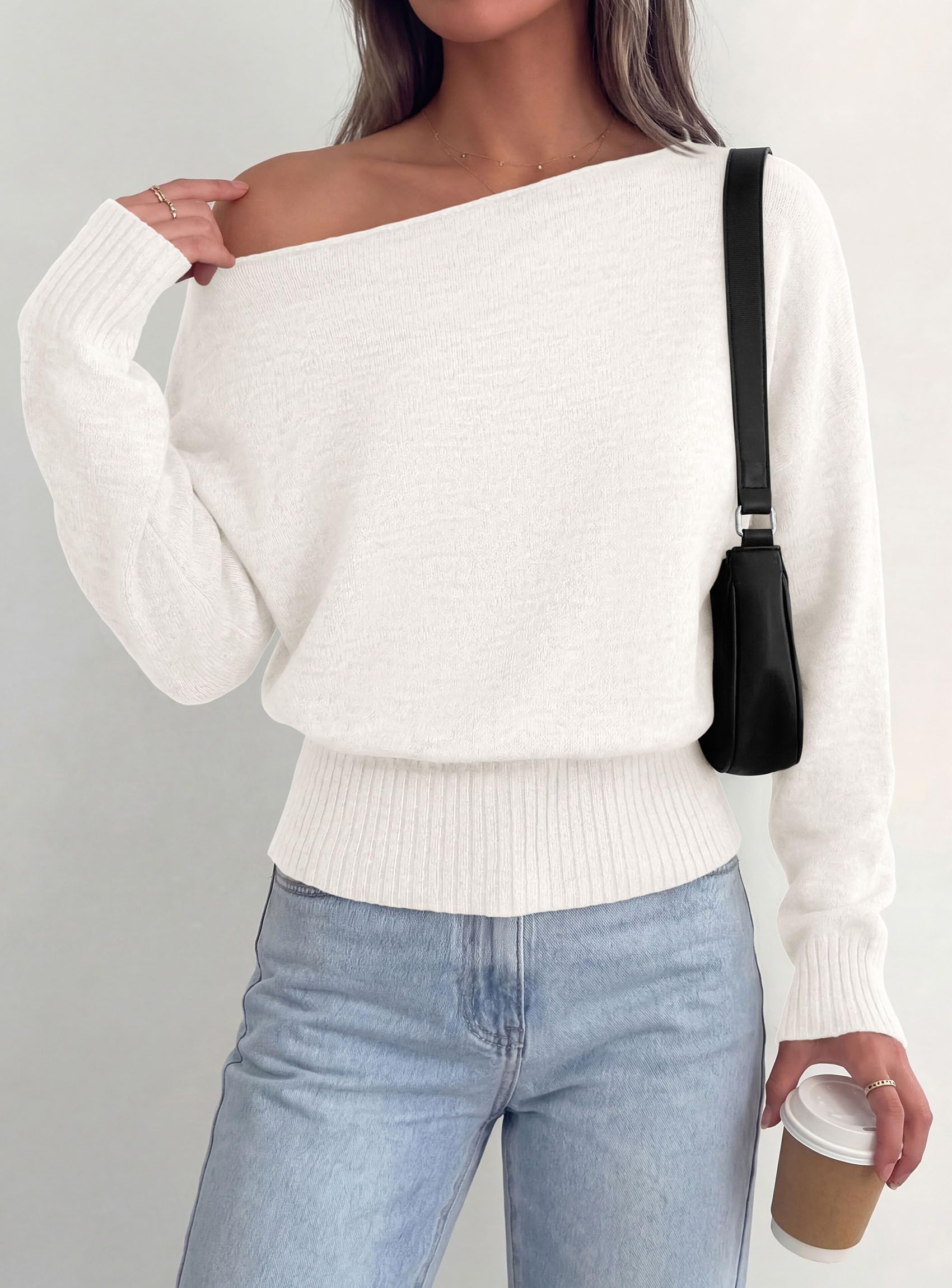Womens Off The Shoulder Sweater Fall Fashion,White,M