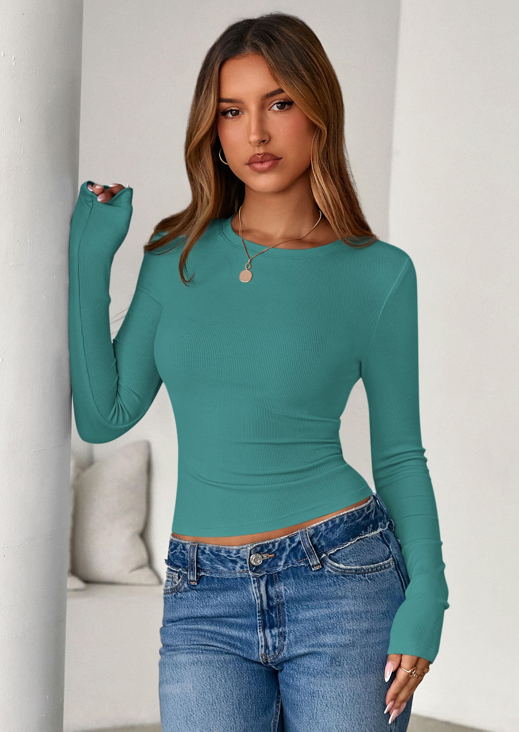 Women's Fall Long Sleeve Shirts Basic Tees (Teal,S)