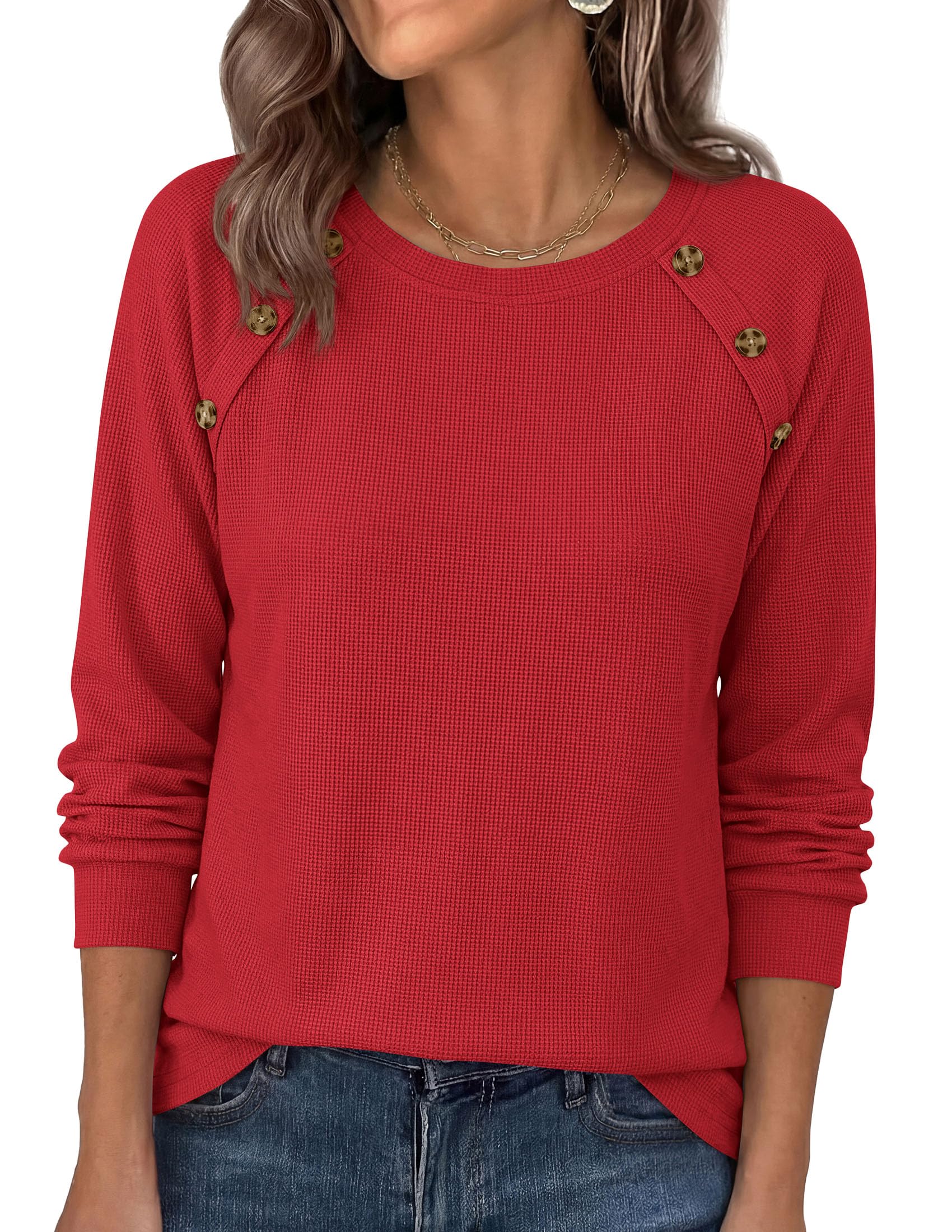 Fall Long Sleeve Waffle Knit Shirts for Women Loose Tunic Tops