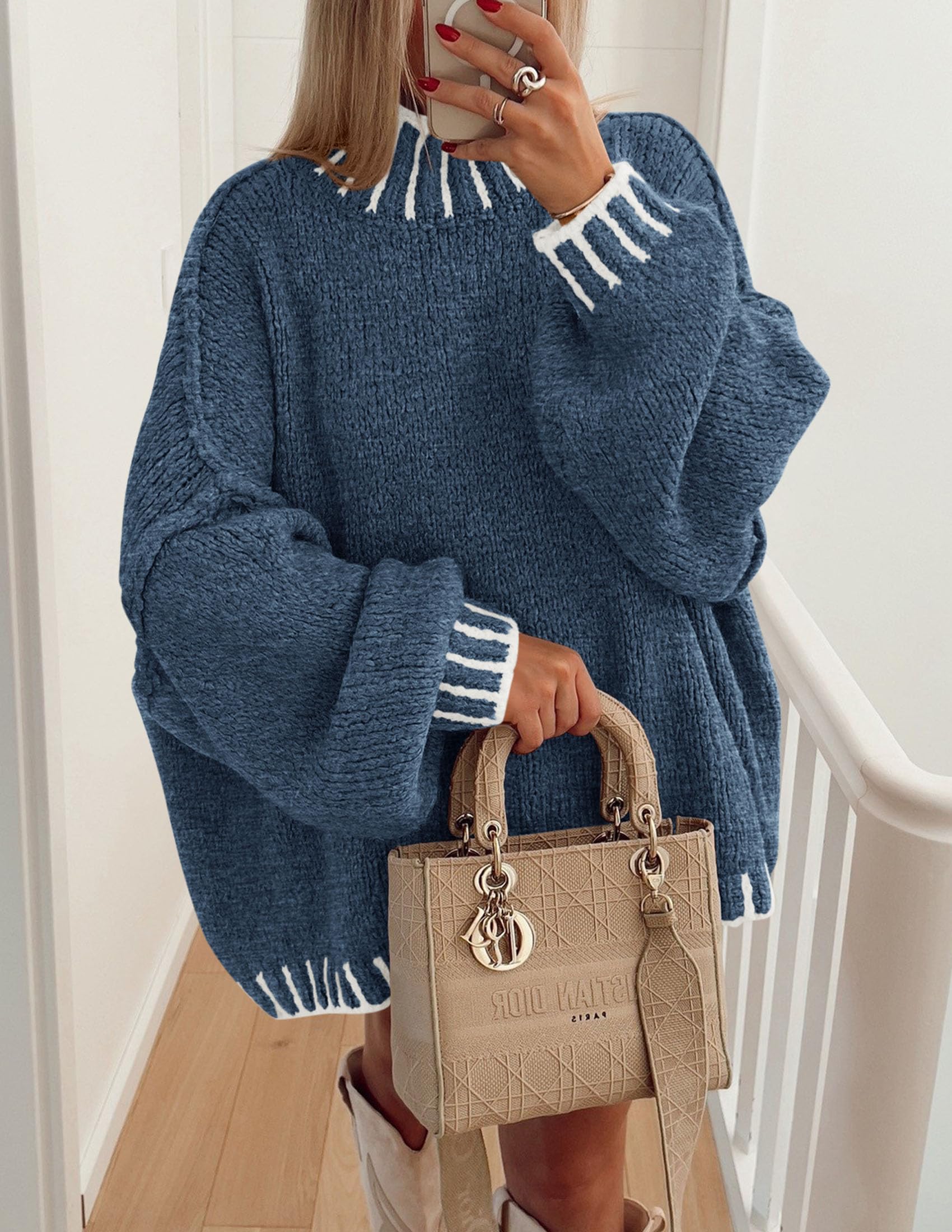 Women's Mock Neck Oversized Pullover Sweaters,Grey Blue,XS