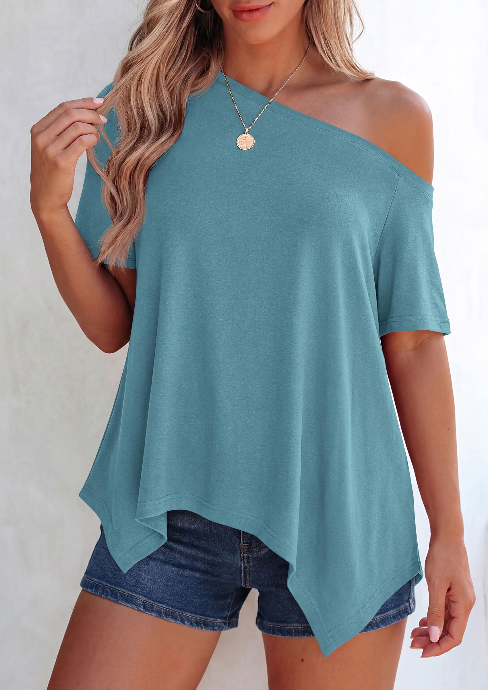 Off Shoulder Tops for Women Oversized Tshirts, Blue Green,S
