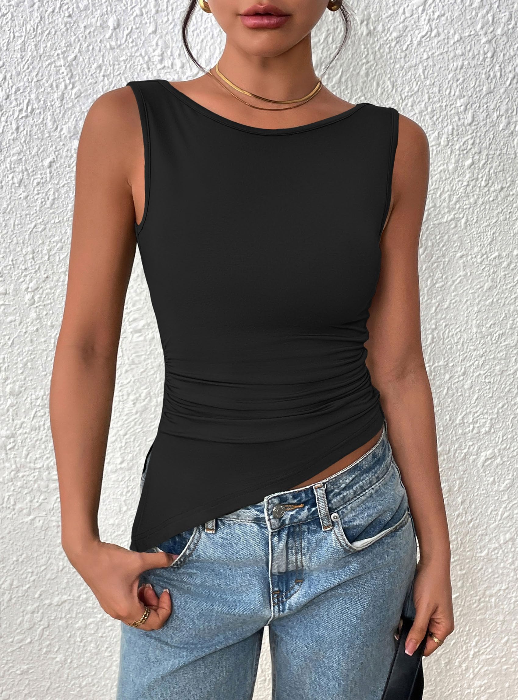 Women's Ruched Tank Tops Summer Y2K Shirts,Black,S