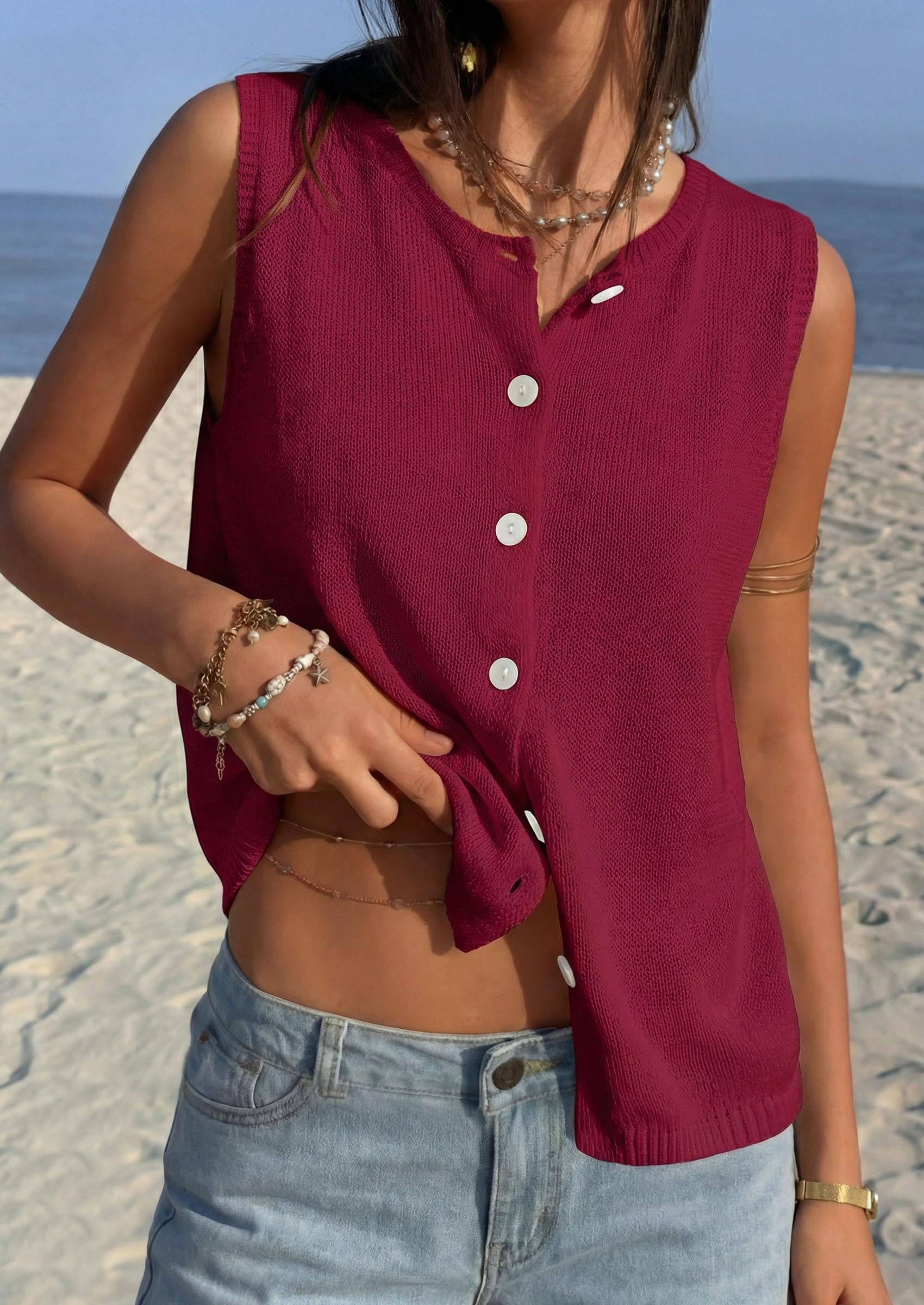 Women's Summer Button Up Sweater Vest Tops,Burgundy,S