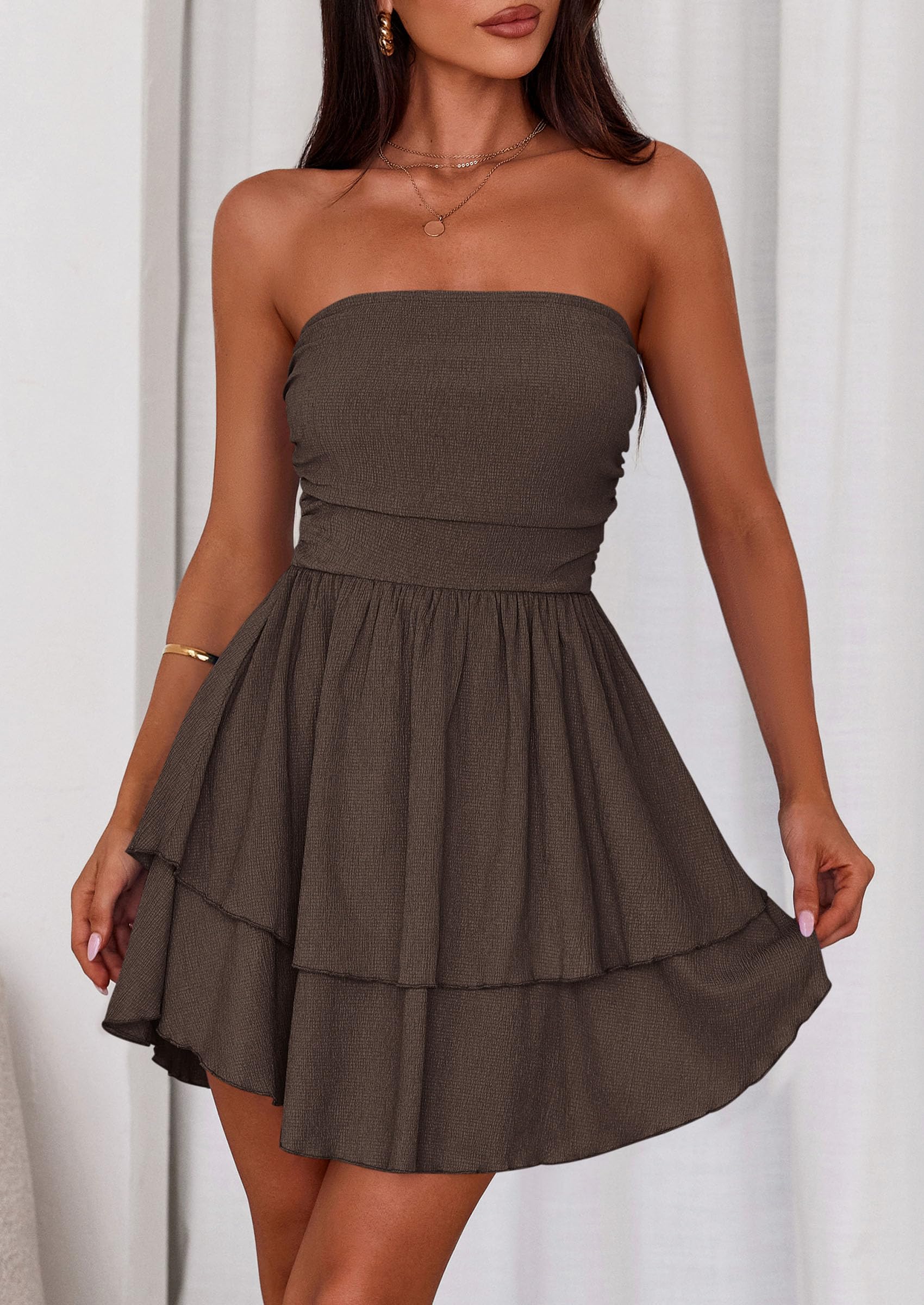 Women's Summer Strapless Flowy Mini Dresses (Coffee,S)