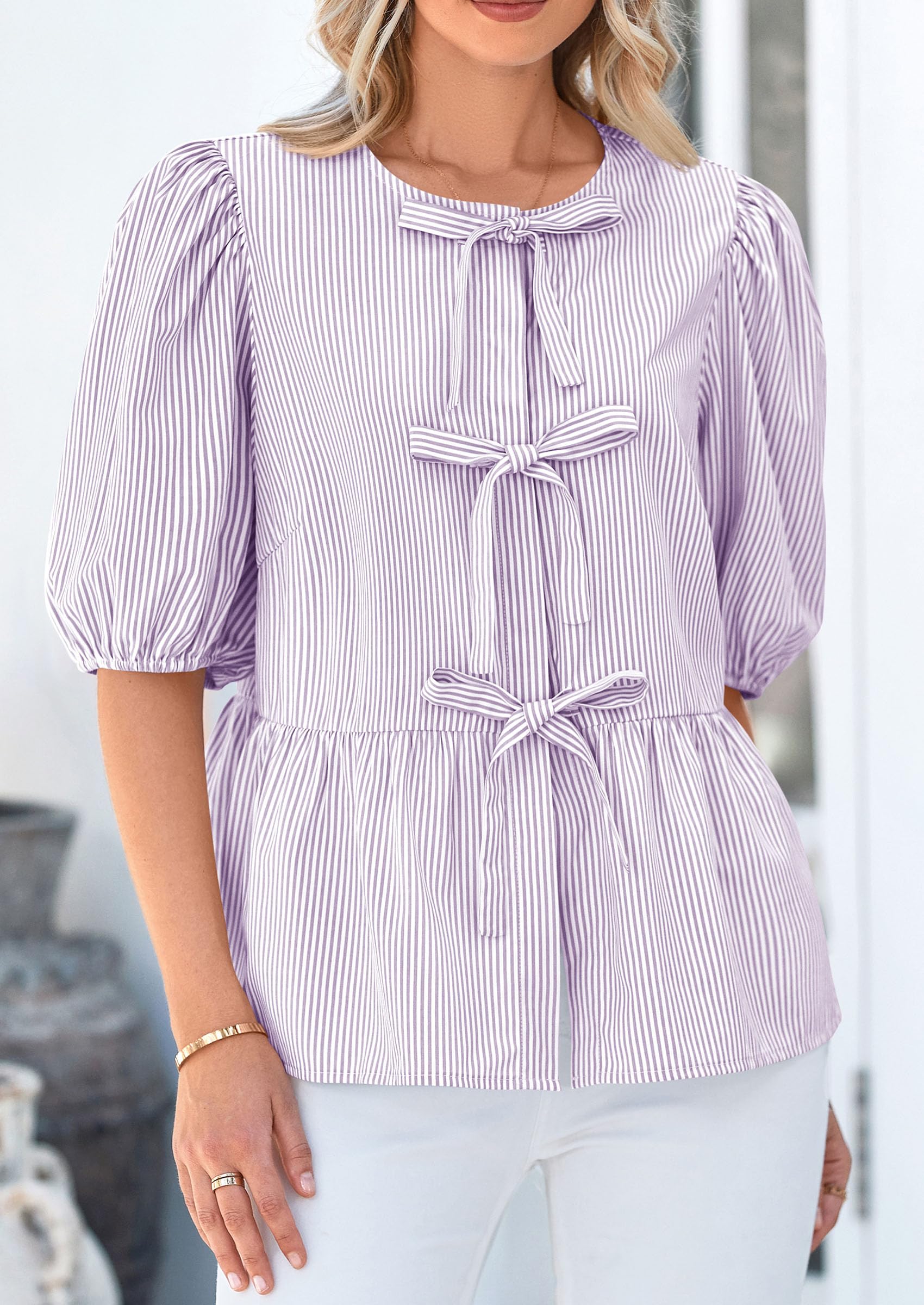 Women Striped Tie Front Babydoll Peplum Tops, Light Purple,S
