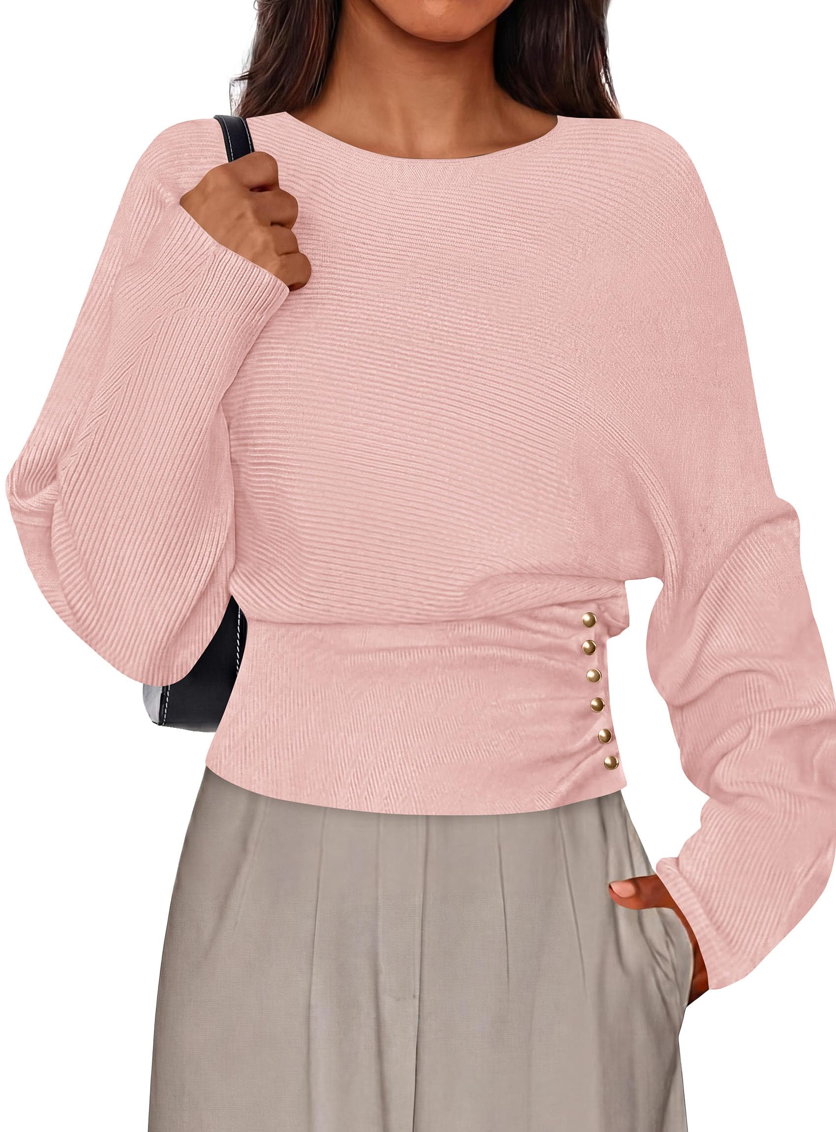 Batwing Sleeve Sweaters for Women Pullover Fall Clothes Pink