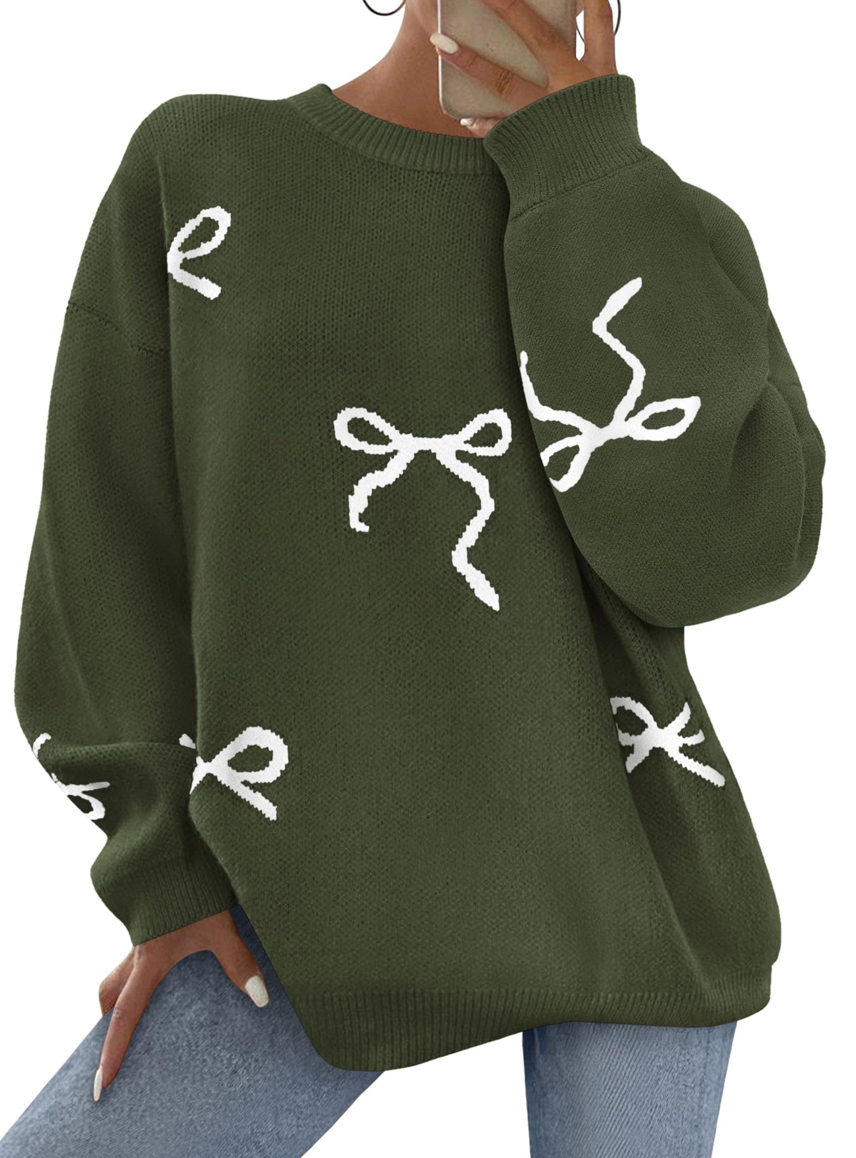 Fall Long Sleeve Pullover Sweaters for Women 2026 Trendy Crewneck Casual Cute Bow Chunky Knit Oversized Sweater (Army Green,Small)