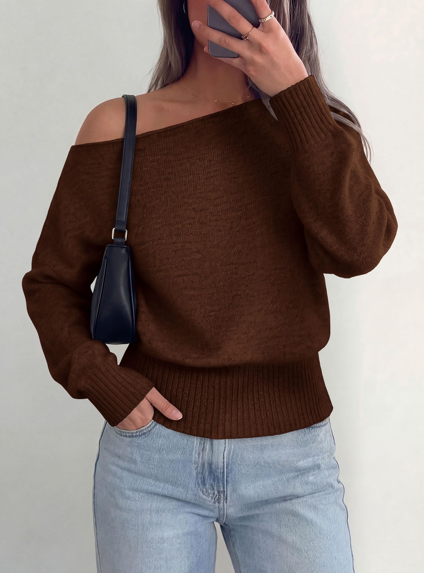 Womens Off The Shoulder Sweater Fall Fashion,Brown,S