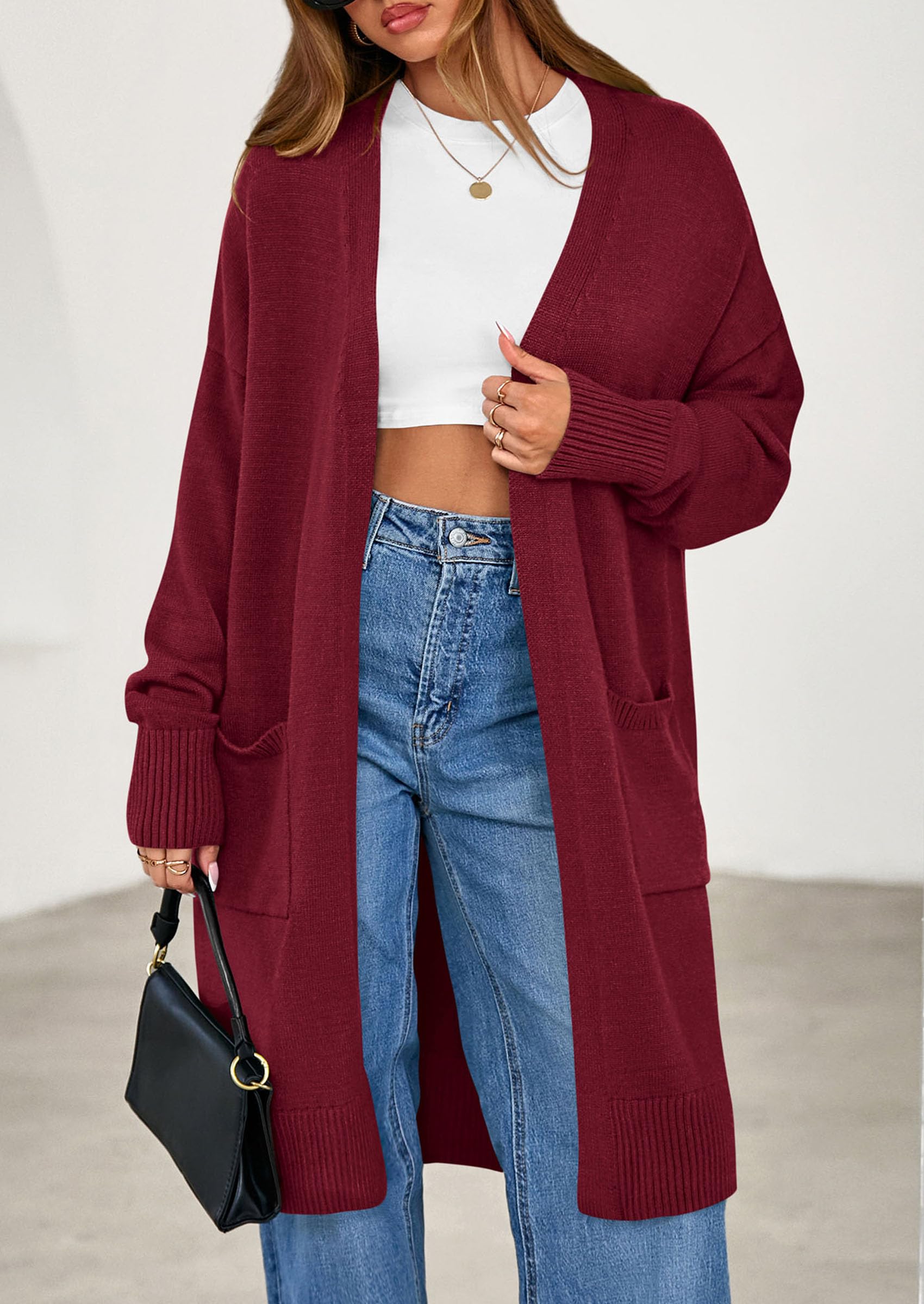 Women's Oversized Open Front Long Knit Cardigan,Burgundy,S