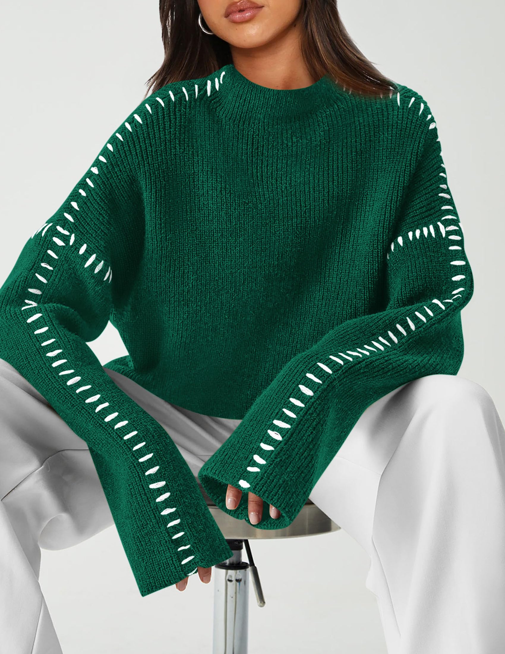 Womens Chunky Knit Oversized Pullover Sweaters,Dark Green,S