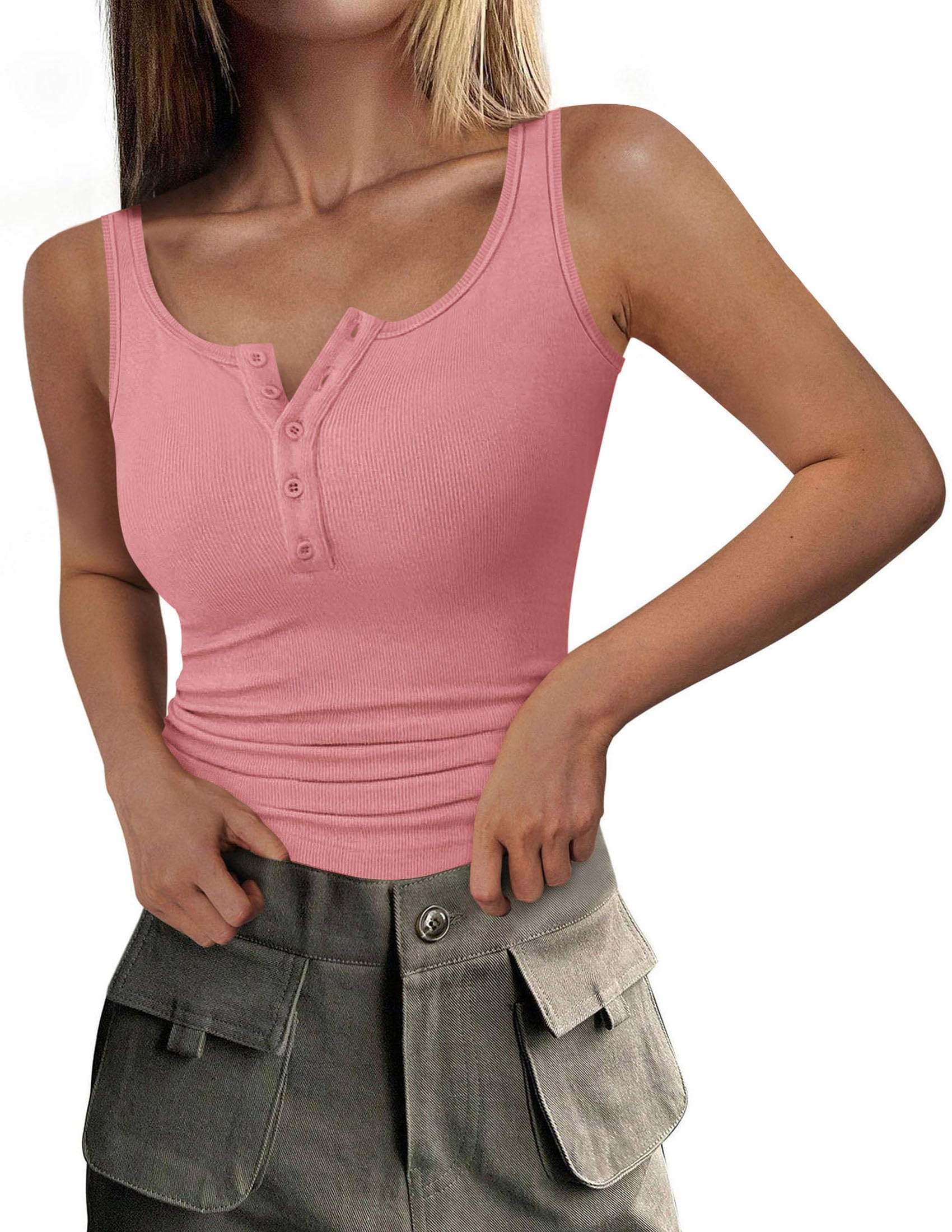 Womens Button Up Sleeveless Henley Tank Tops,Pink,S