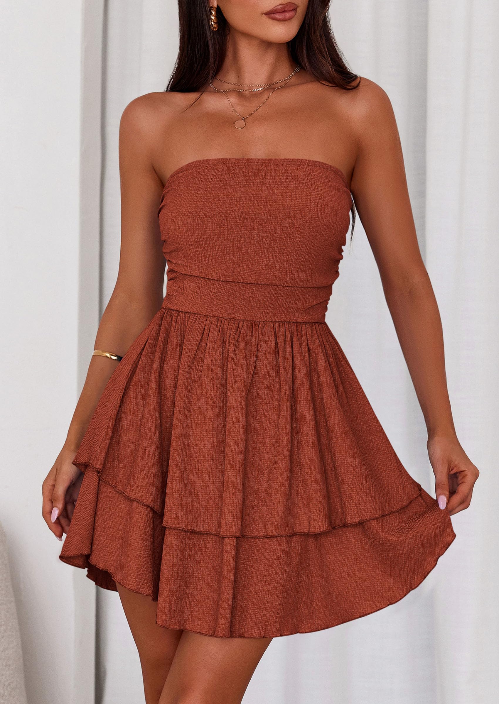 Women's Summer Strapless Flowy Mini Dresses (Brick Red,S)
