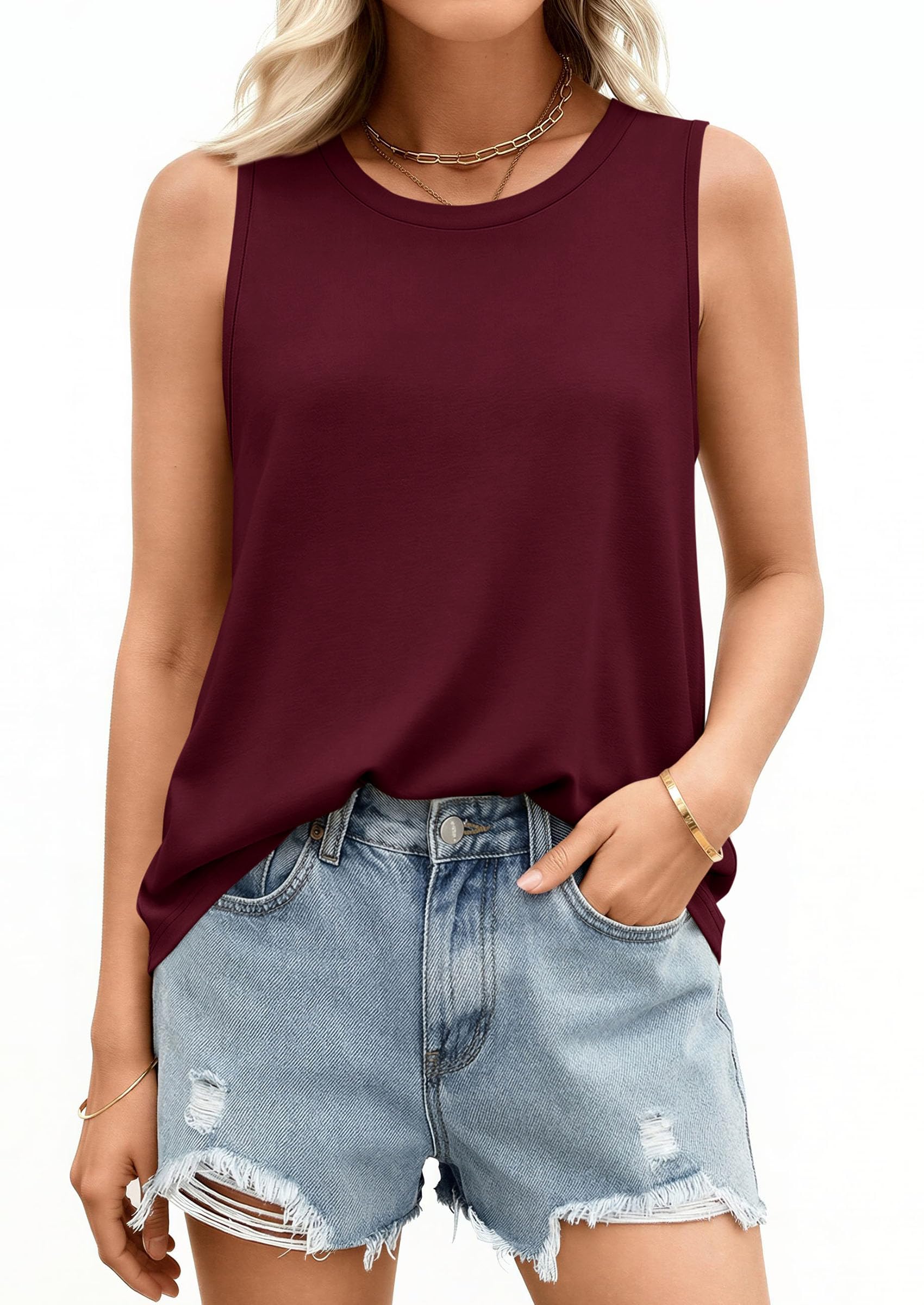 Women's Wide Strap Sleeveless Tank Tops,Burgundy,S