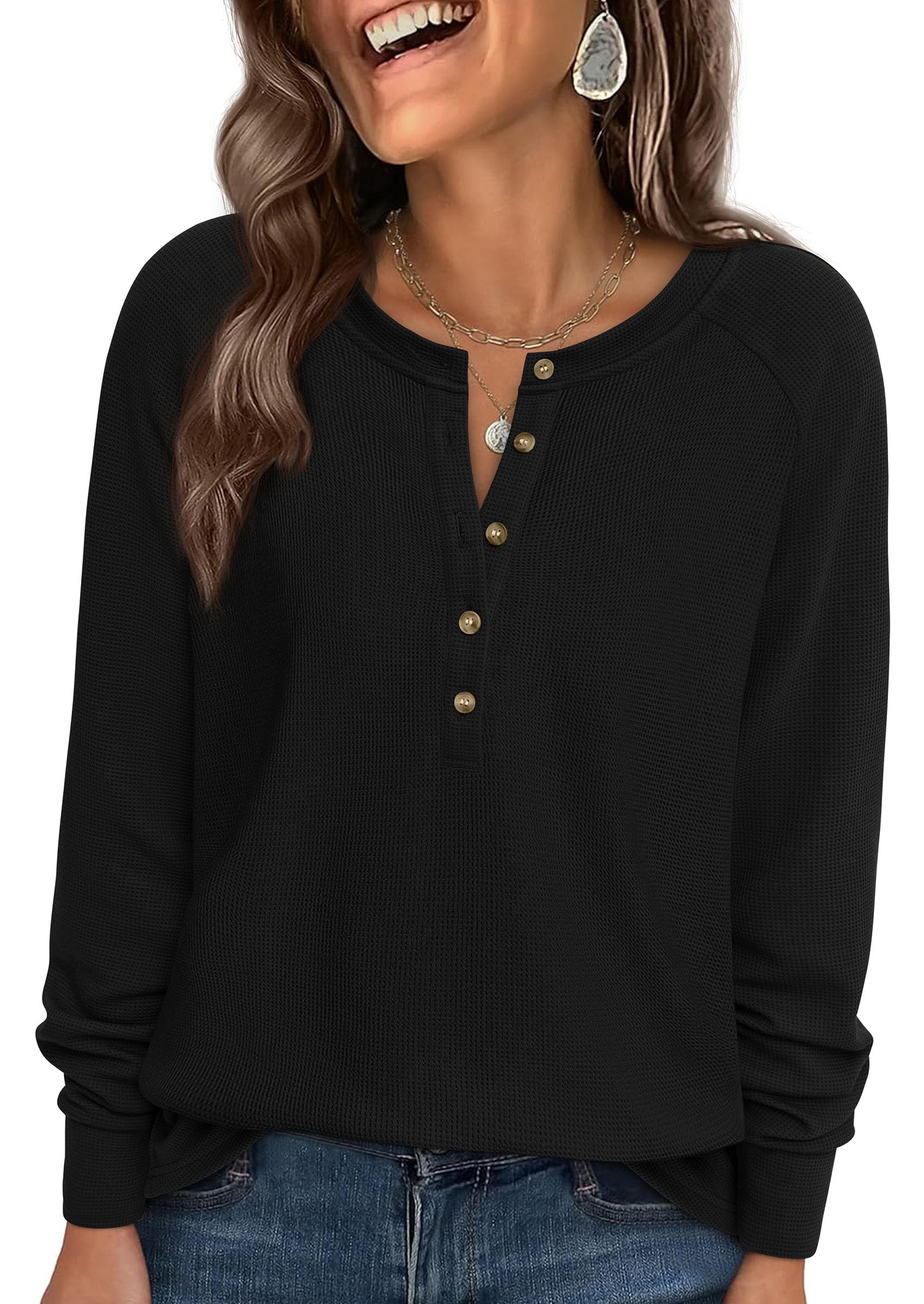 Women's Long Sleeve Waffle Knit Henley Shirts Loose Tunic Tops