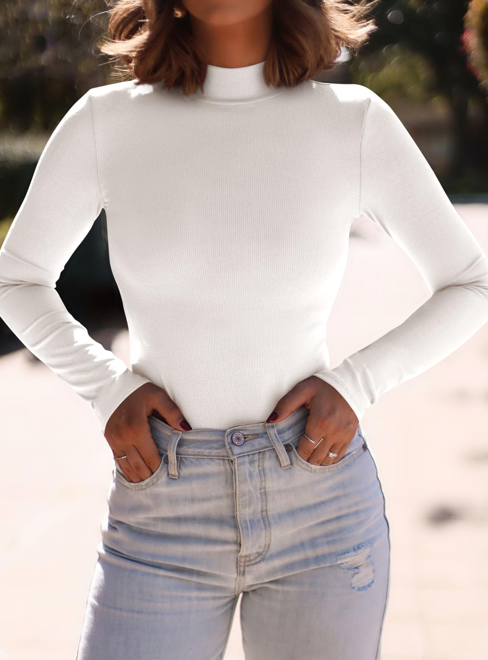 Womens Mock Turtleneck Fall Long Sleeve Shirts,White,M