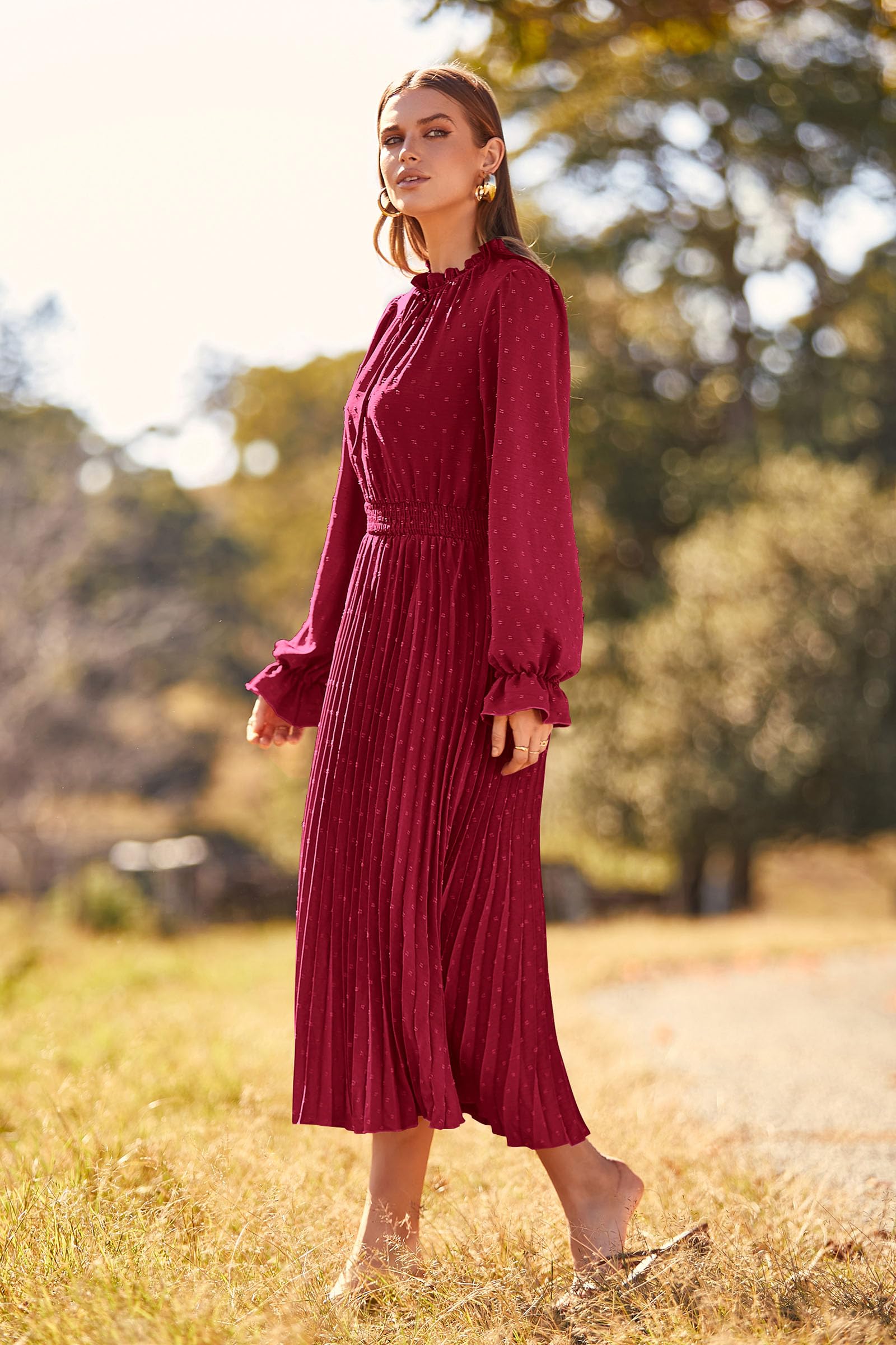 Womens Pleated Midi Dress Casual Long Sleeve V Neck Swiss Dot Beach Flowy Dresses (Wine Red,Small)
