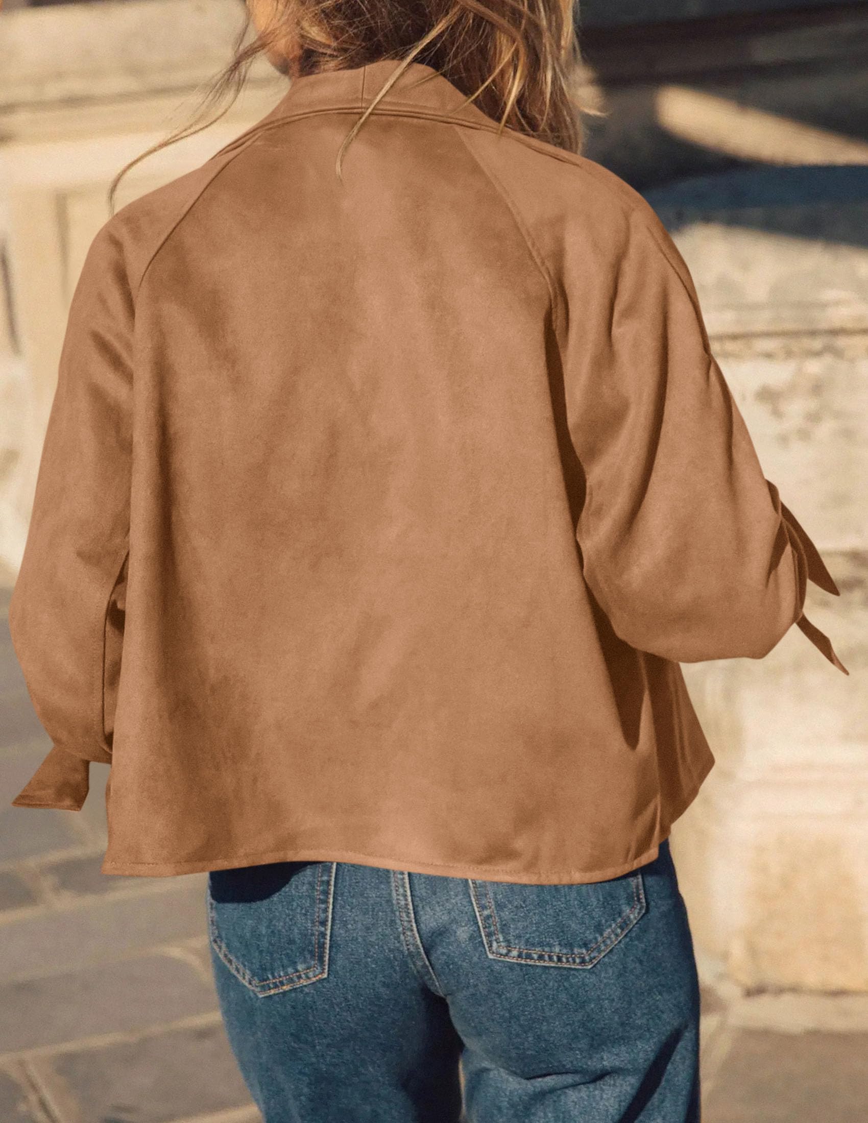 Women Faux Suede Double Breasted Trench Coat Cropped Jackets