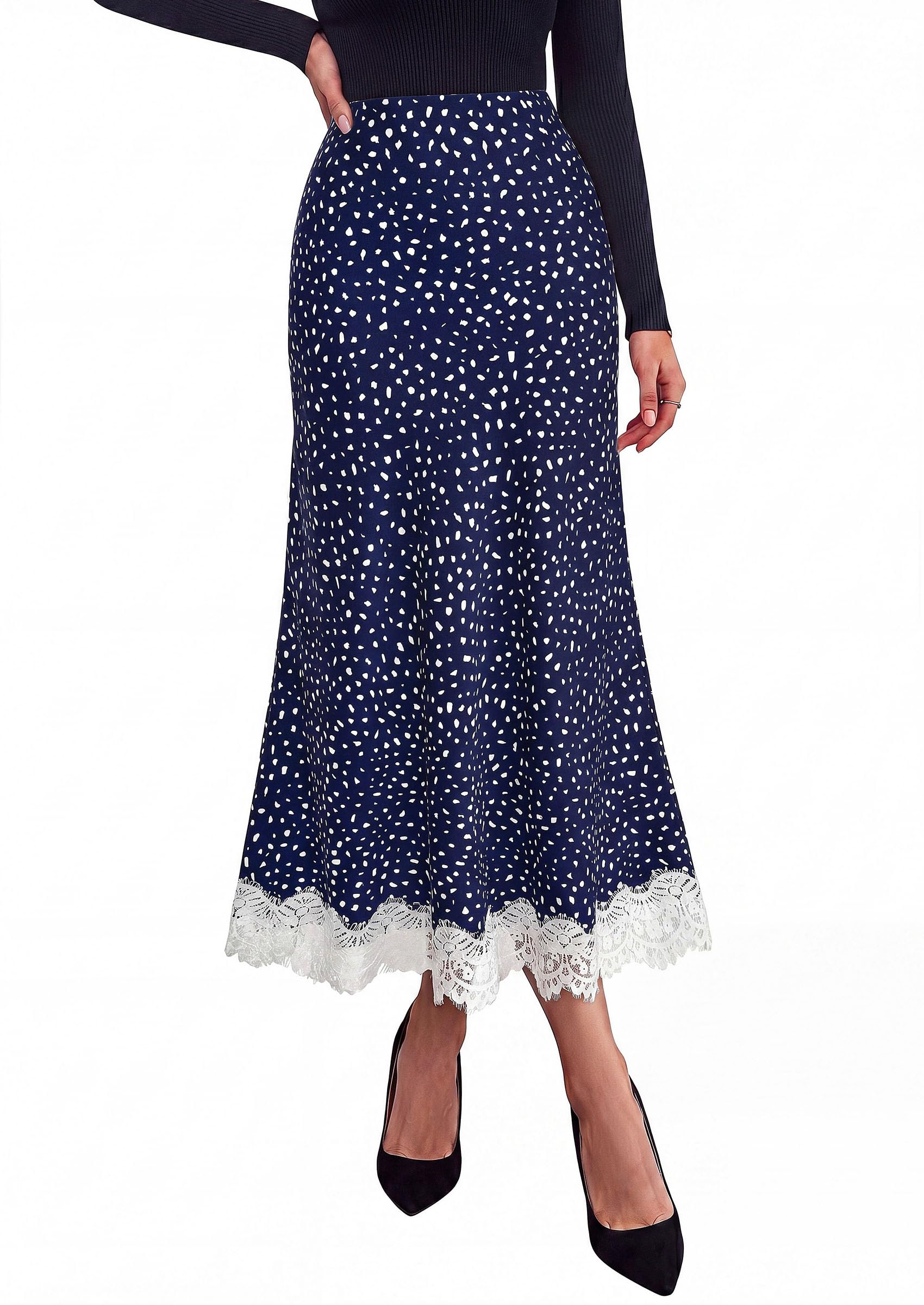 Women's Polka Dot Satin Skirt Fall Flowy Midi Leopard Skirts