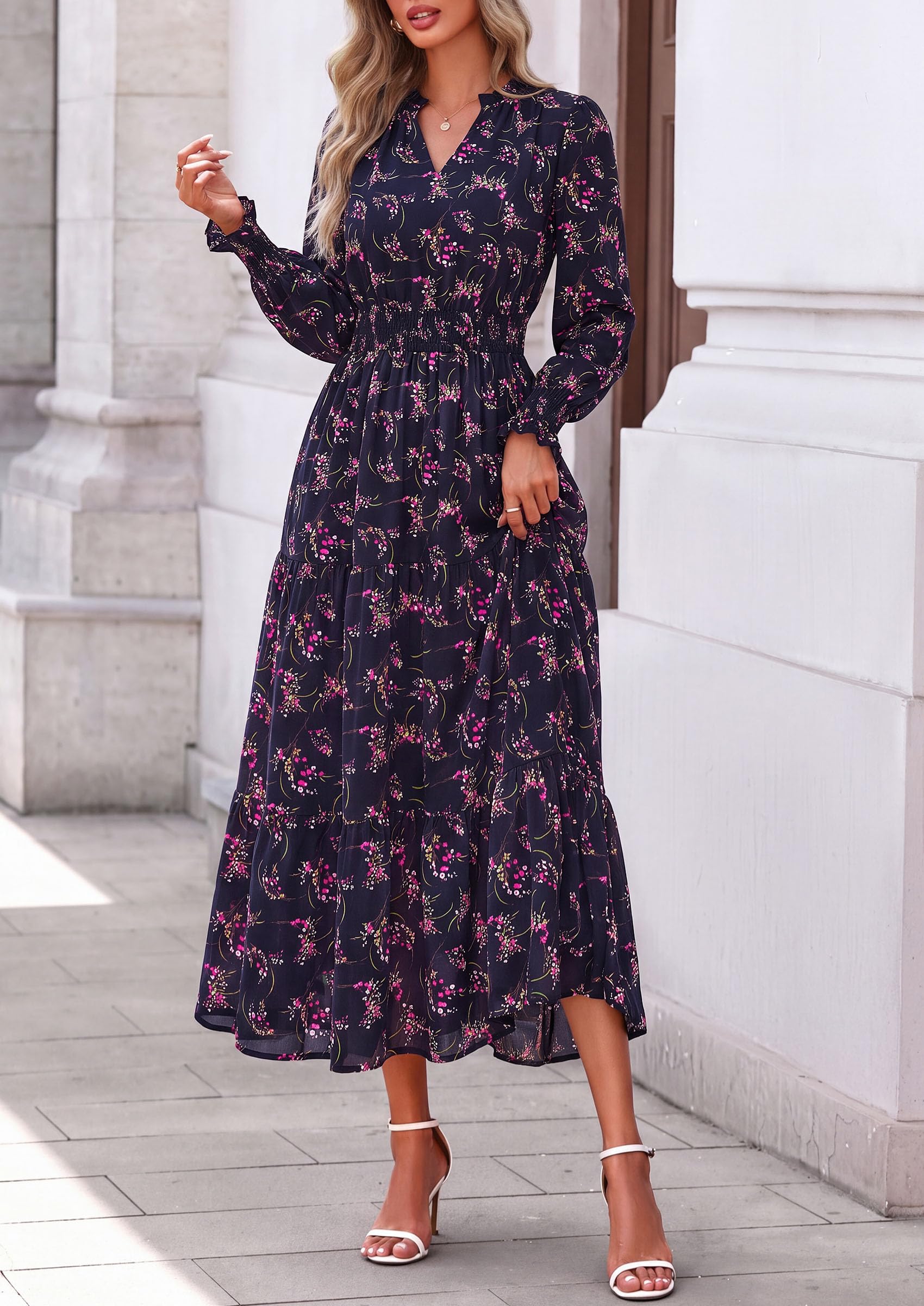 Women's Floral Maxi Dress Fall A Line Wedding Guest Dresses