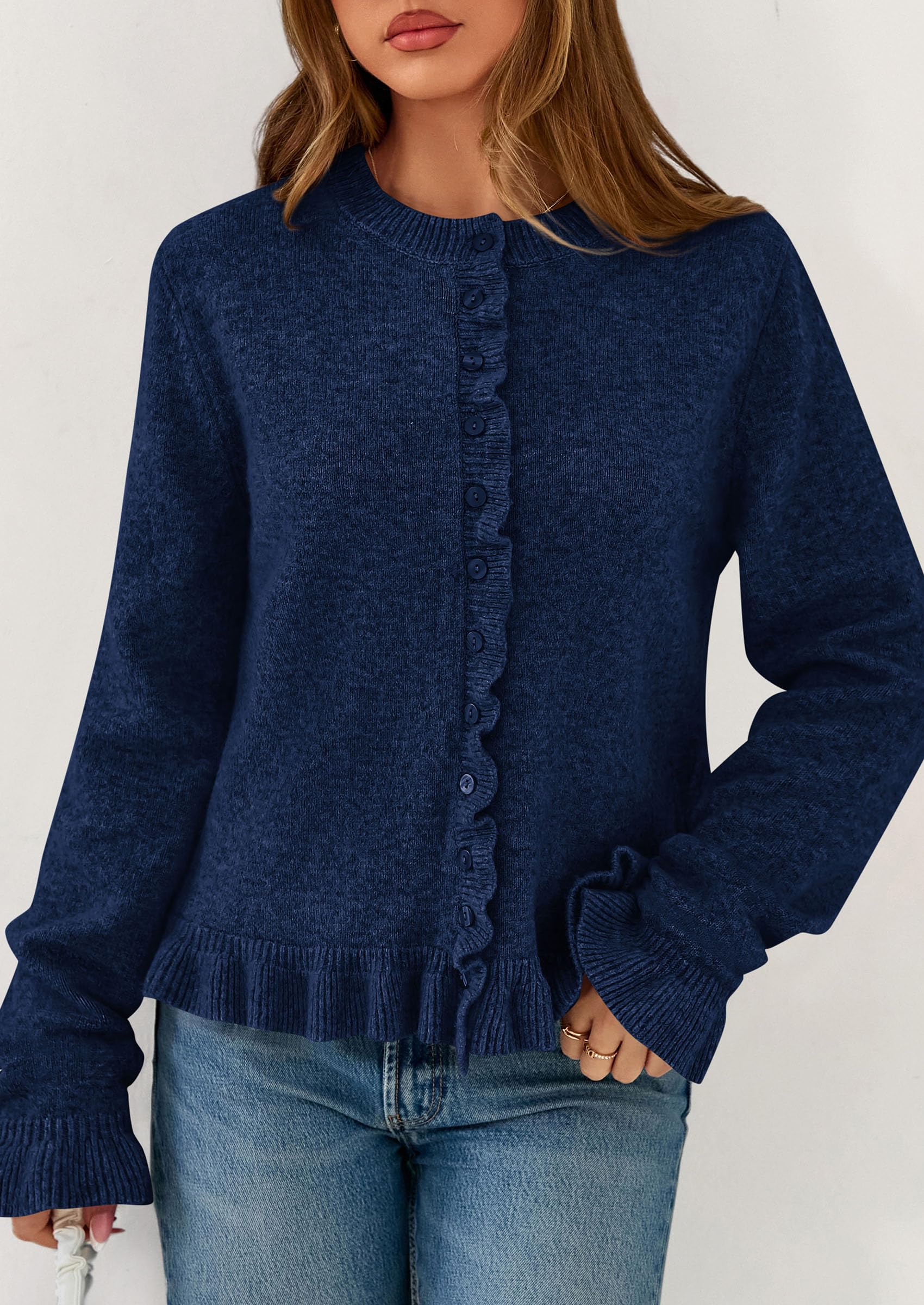 Womens Ruffle Button Down Cardigan Sweaters,Navy Blue,S