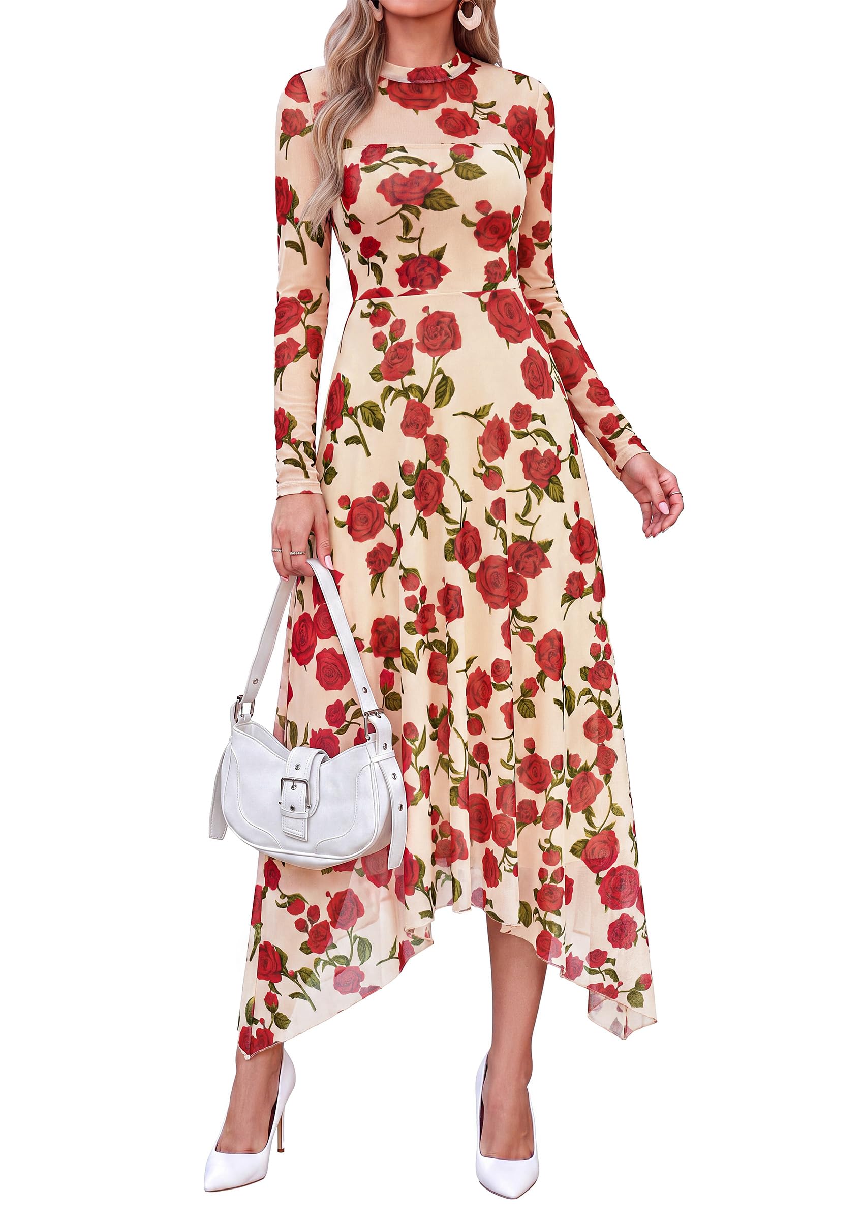 Women's Floral Mesh Midi Dress,Floral Apricot Red,S
