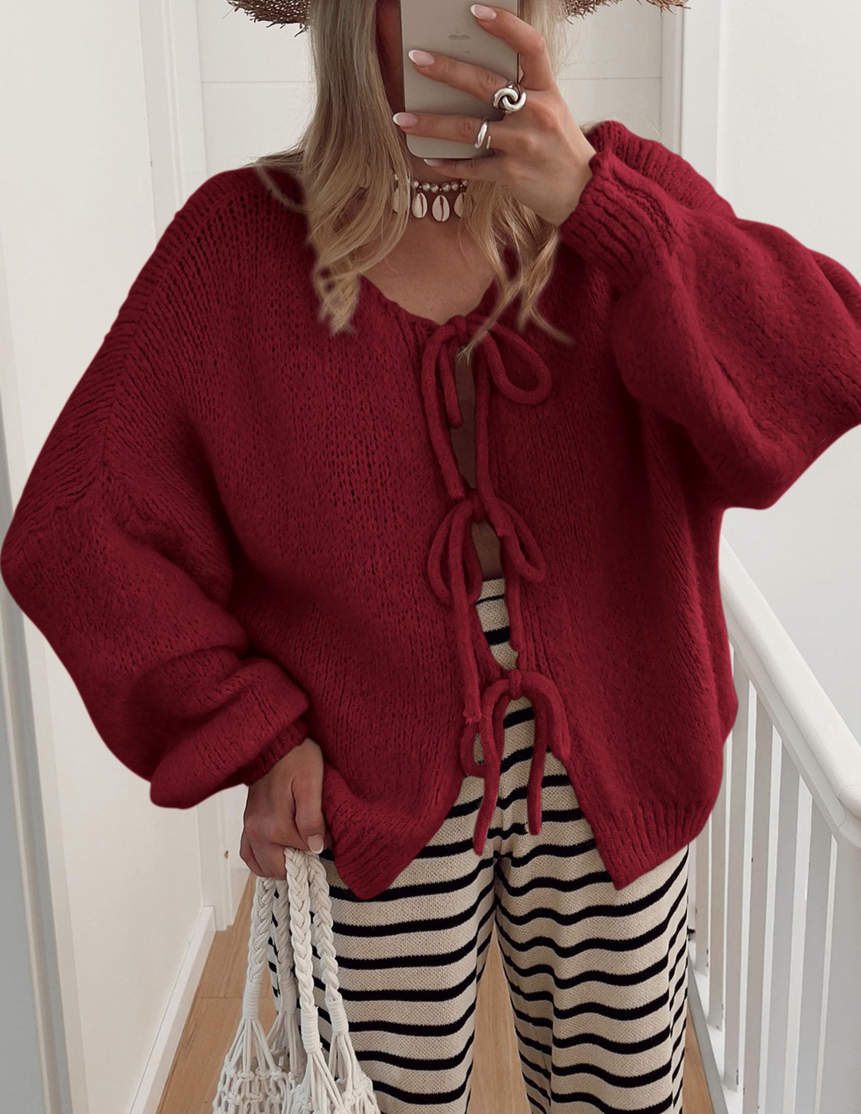 Women's Tie Front Bow Cardigan Sweaters(Wine Red,Small)