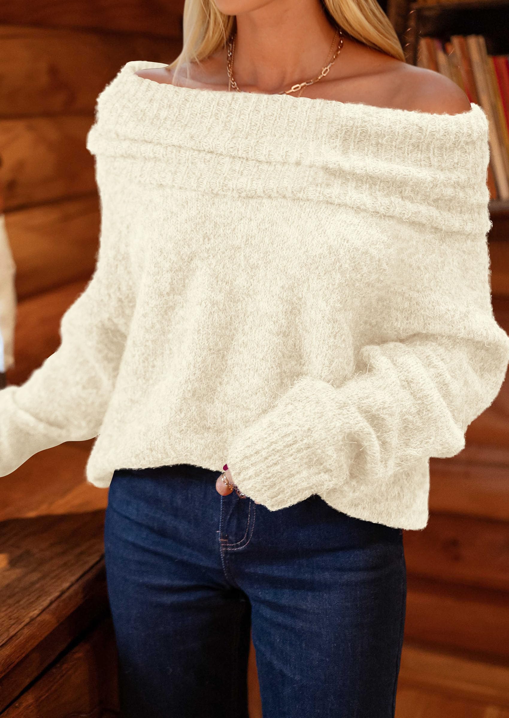 Women's Fall Off The Shoulder Sweater,Beige White,S
