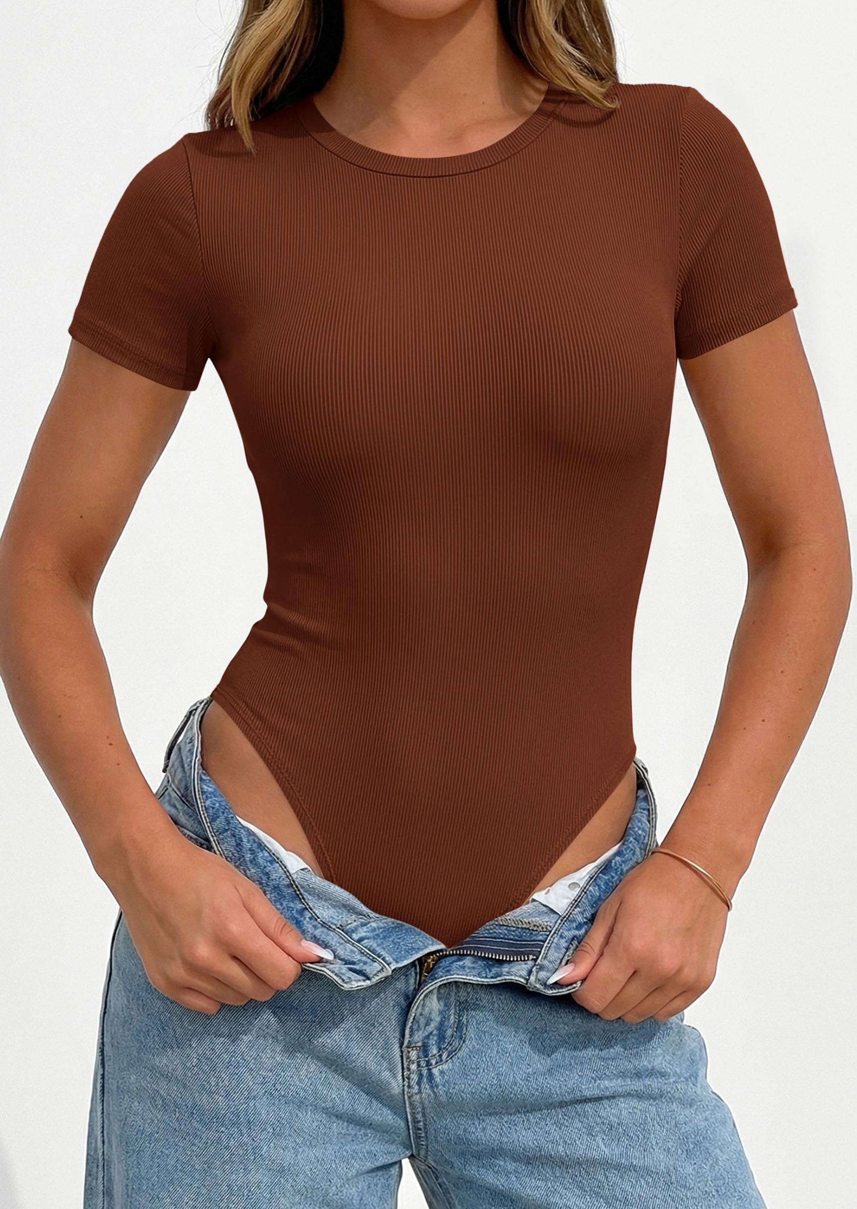 Body Suits for Womens Short Sleeve Summer Tops, Camel,XS