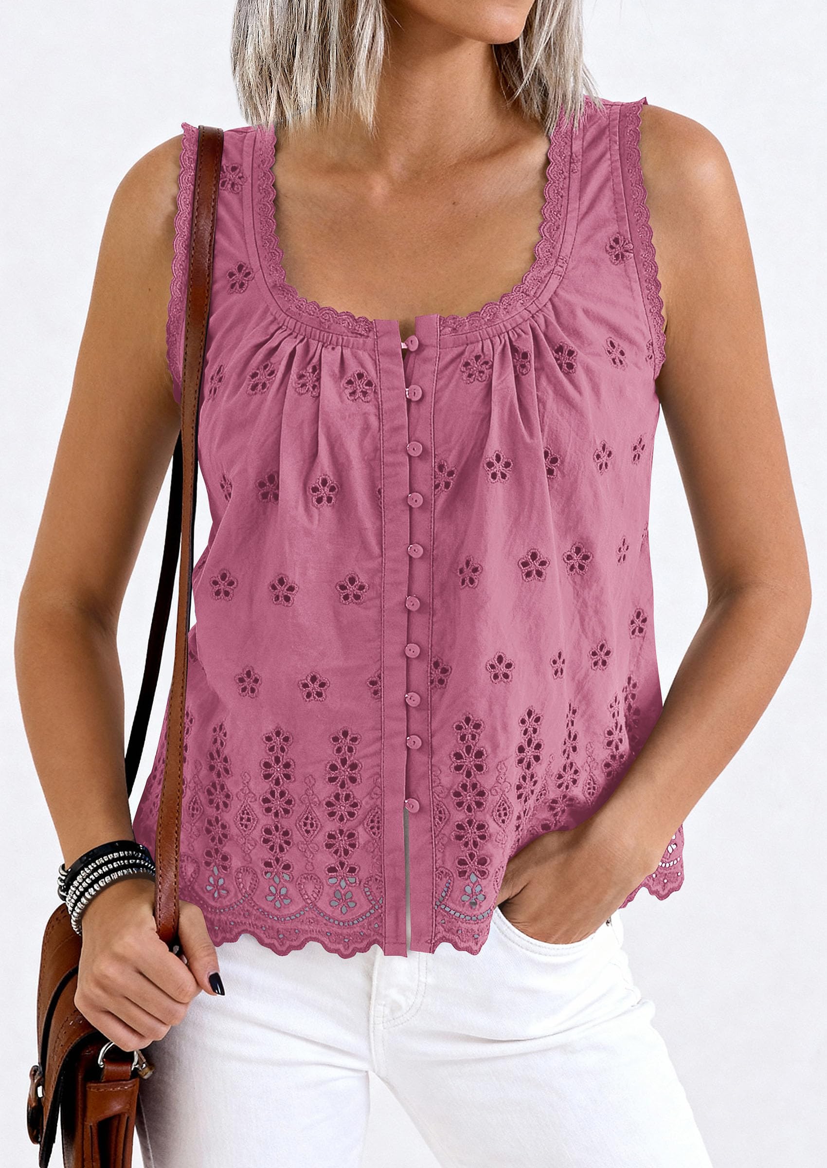 Women's Lace Tank Top Embroidery Eyelet Blouses,Dusty Pink,S